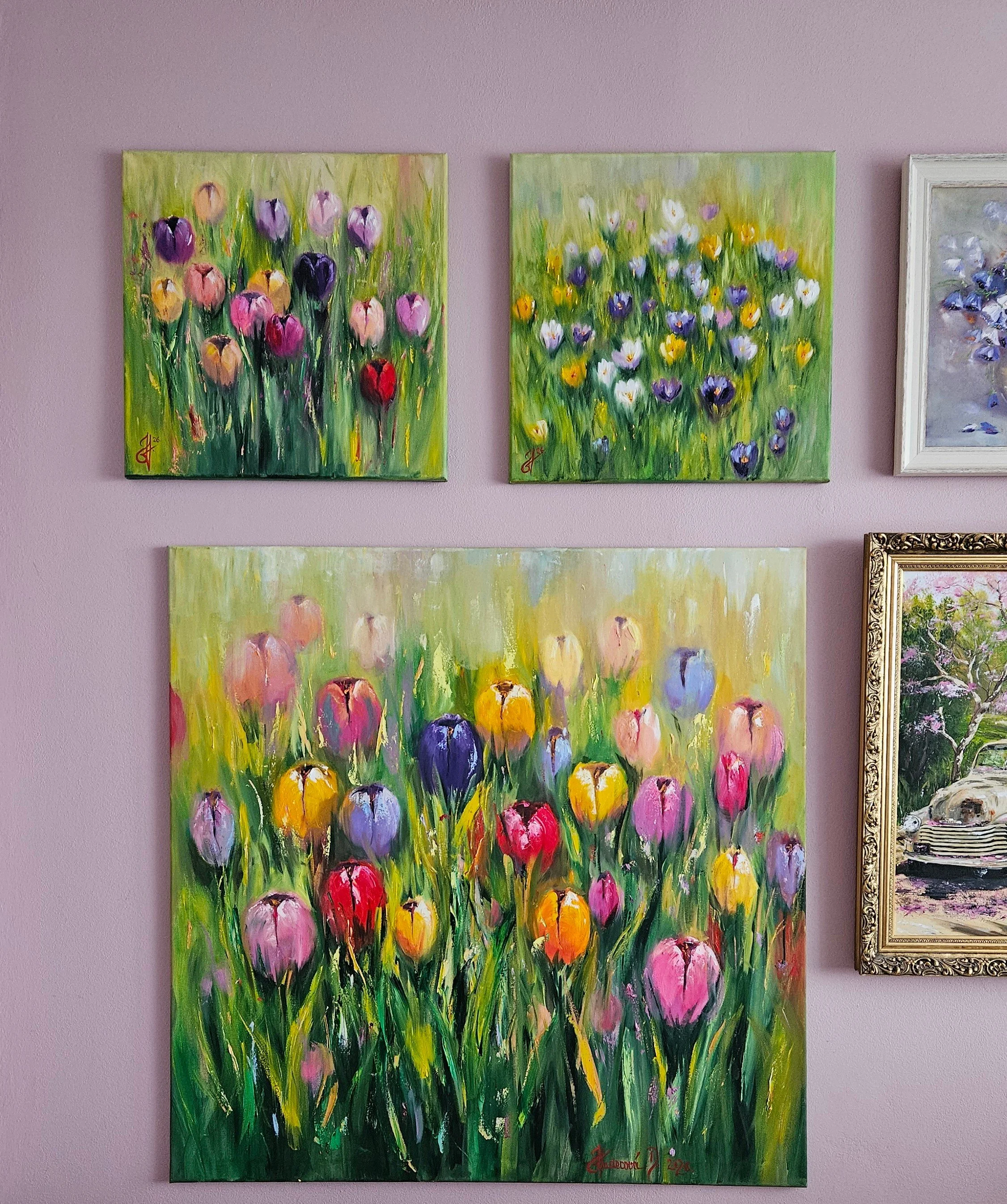 Farebné tulipány v záhrade. Moderný obraz s kvetmi. Ručne maľovaný obraz na predaj.