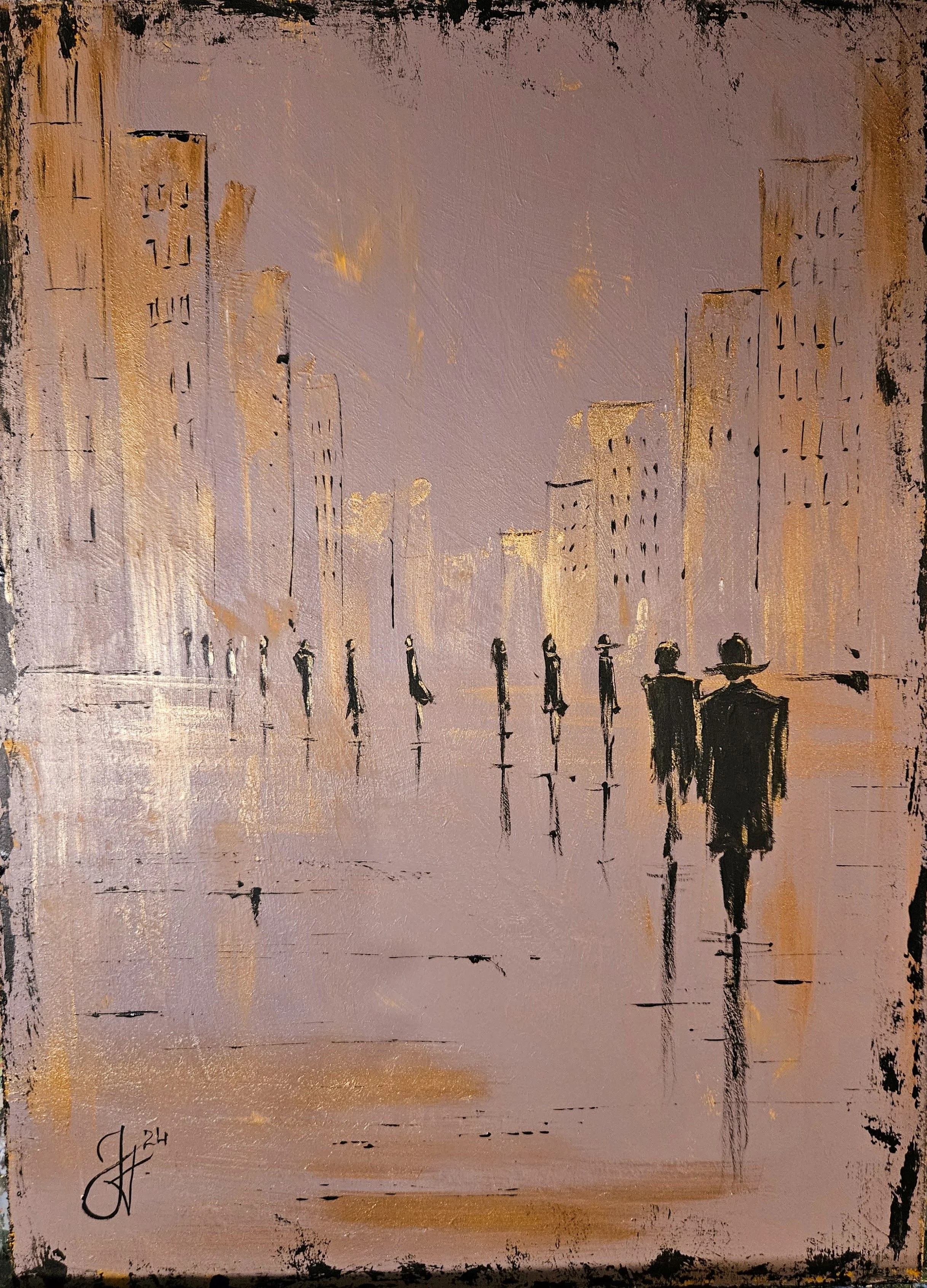 Ručne maľovaný obraz s ľuďmi v meste. Zlaté odlesky na  fialovom pozadí s čiernymi obrysmi postáv. Moderný obraz.