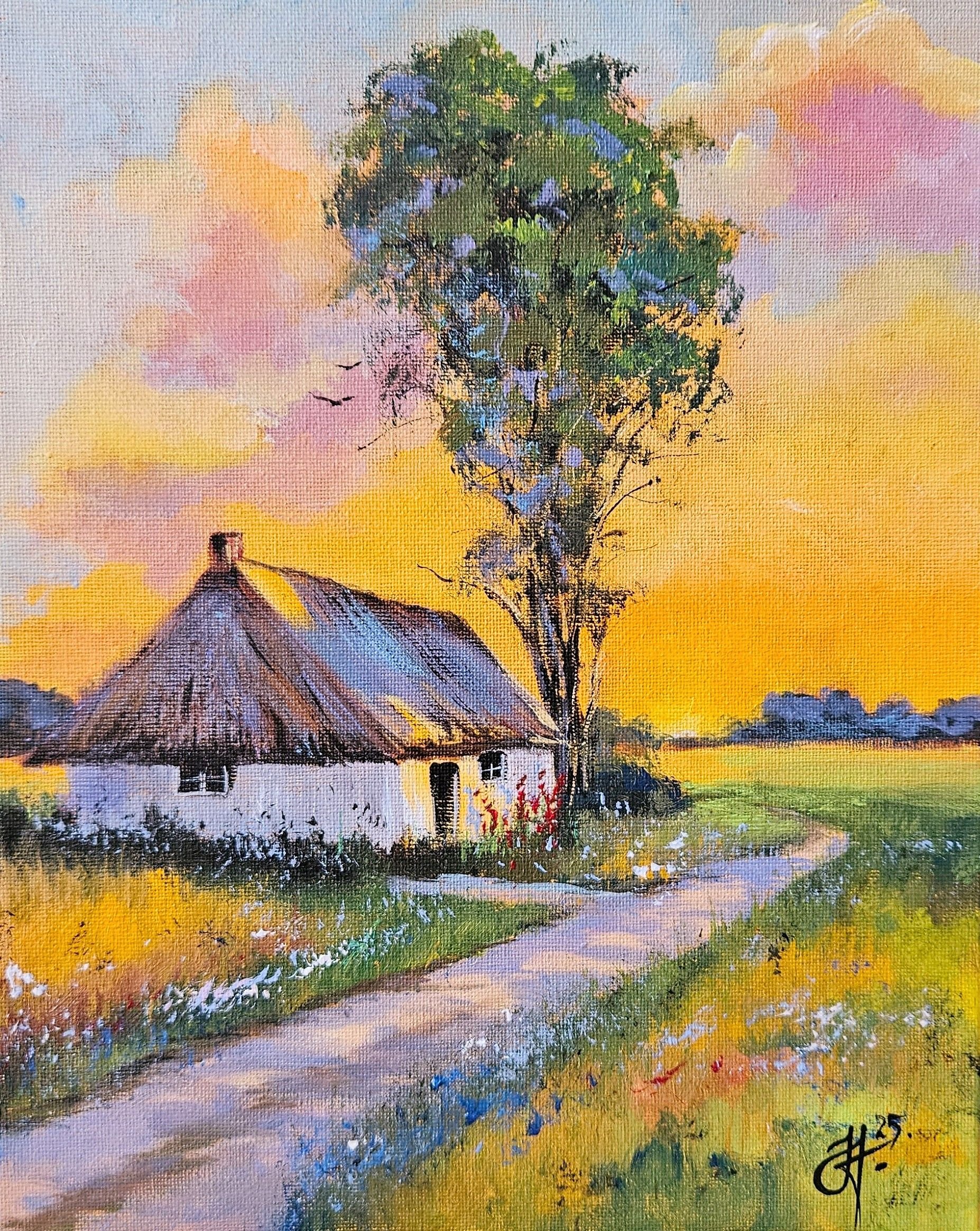 Vidiecky domček pri západe slnka. Letný večer v prírode, chalúpka, cesta. Ručne maľovaný obraz na predaj.