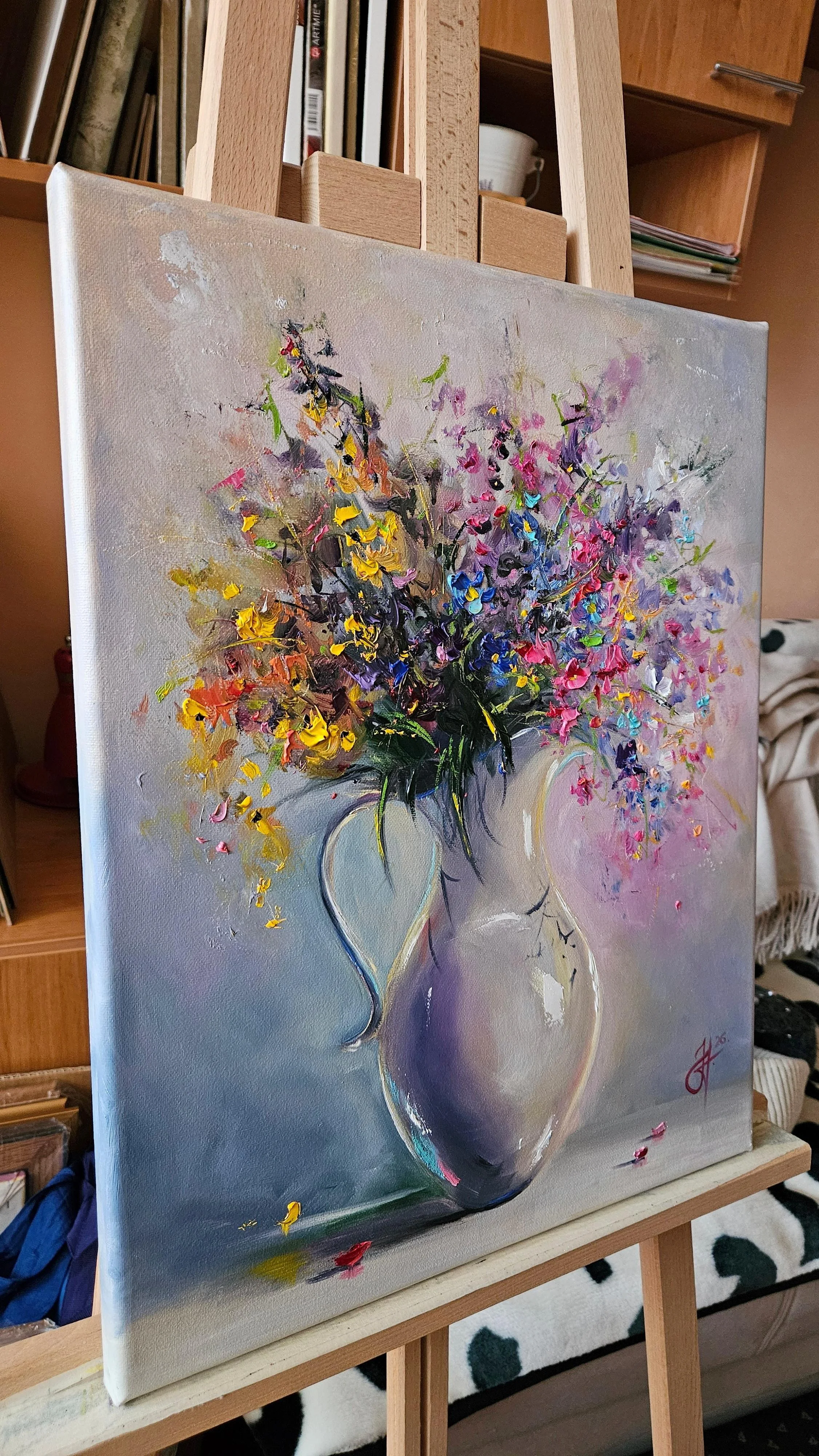 Kytica lúčnych kvetov v džbáne. Romantický vintage obraz. Ručne maľovaný obraz na predaj.