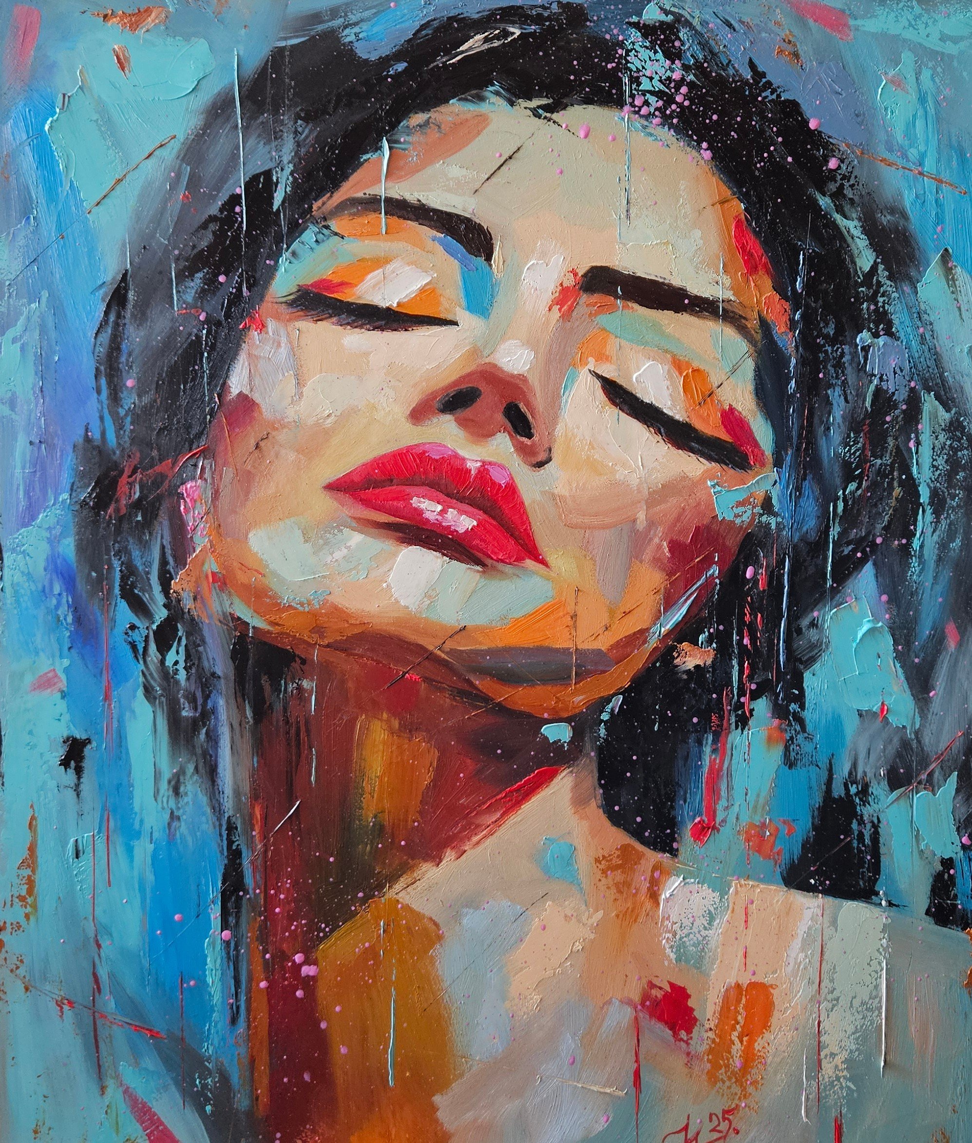 Portrét ženy. Pop-art. Moderný obraz. Ručne maľovaný obraz na predaj.