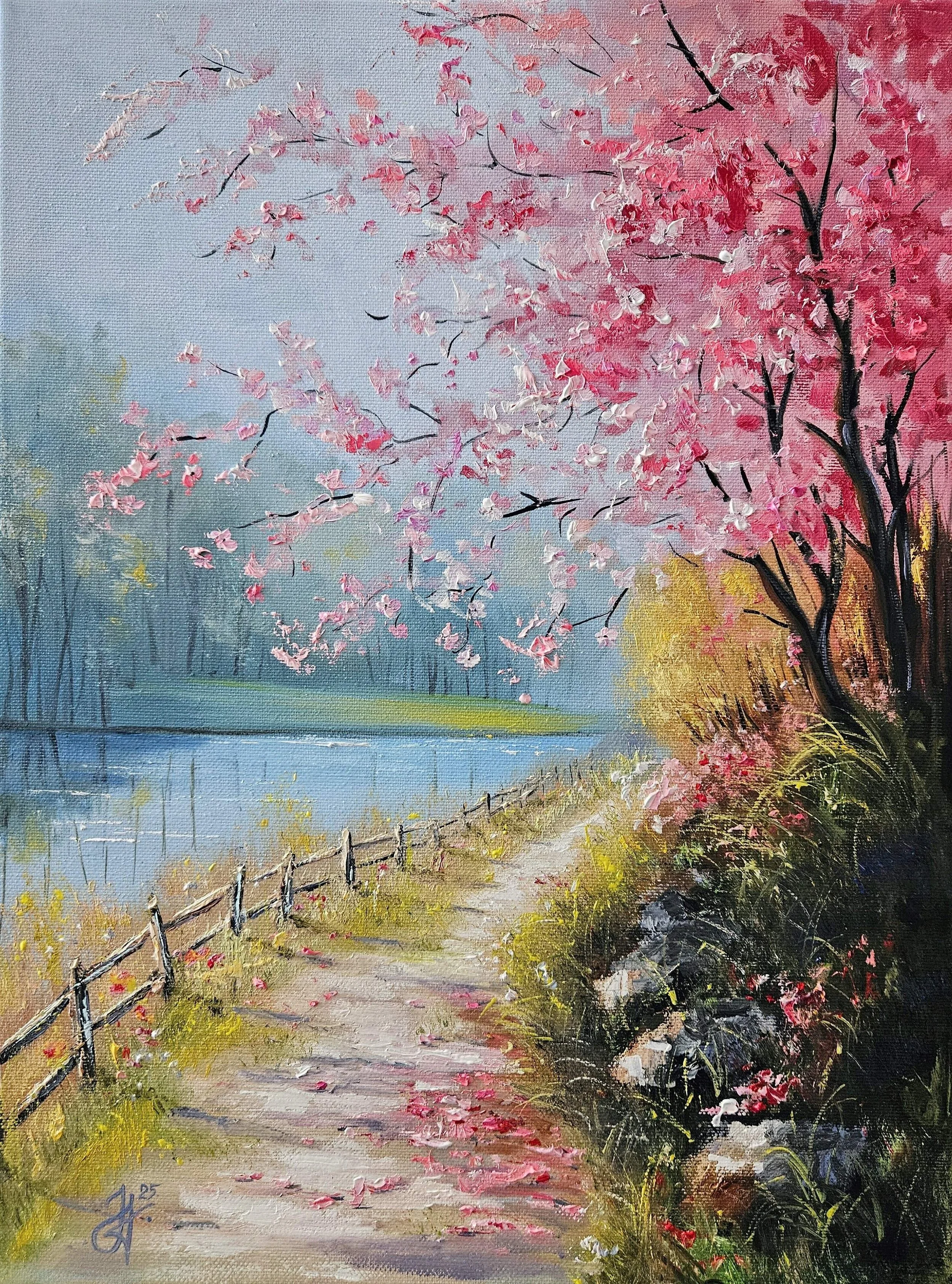 Prechádzka po chodníku jarnou prírodou. Stromy, jazero, plot, zakvitnuté stromy. Ručne maľovaný obraz na predaj.