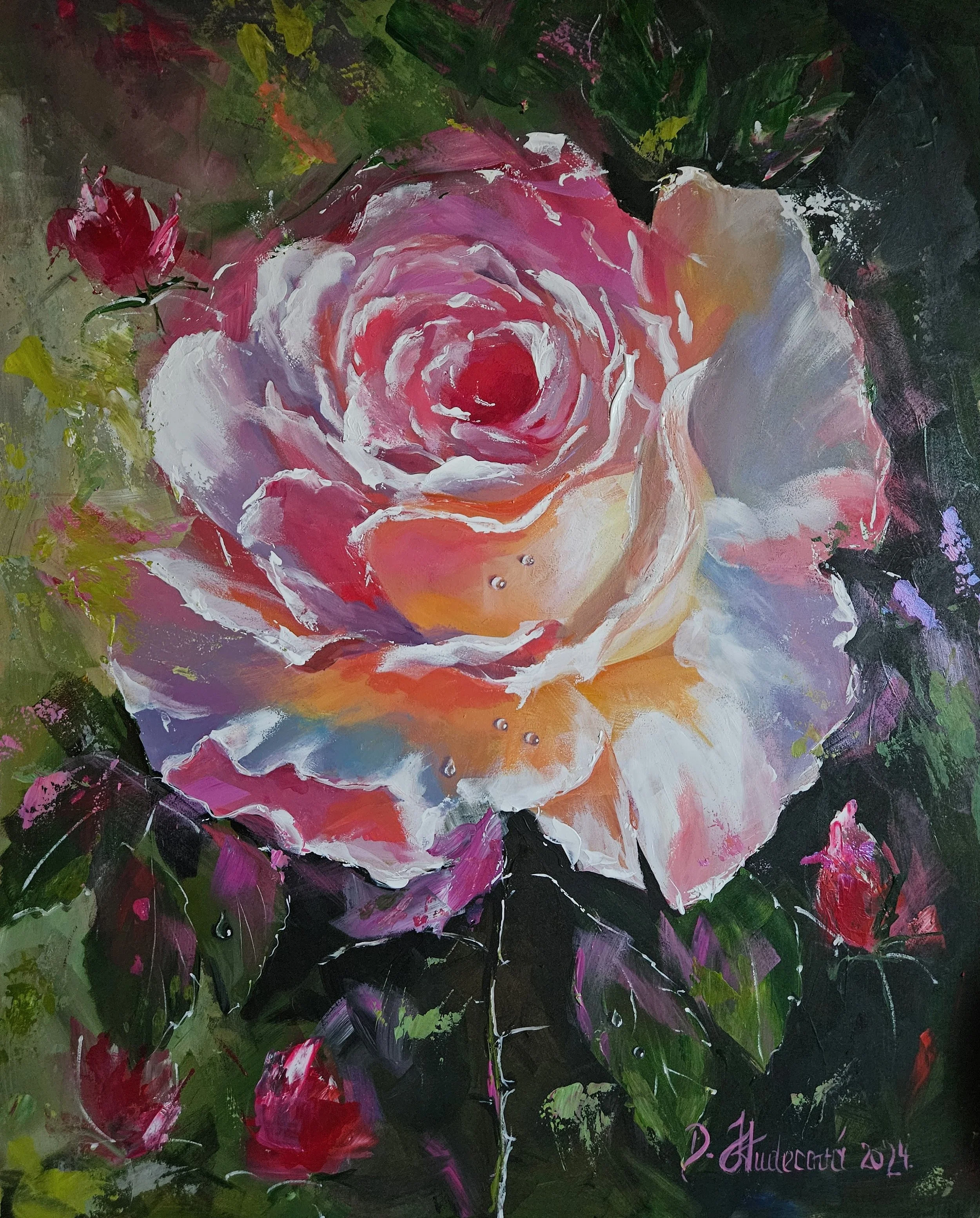 Obraz ruže v jemných pastelových farbách s kvapkami rosy. Zátišie s kvetmi. Ručne maľovaný obraz.