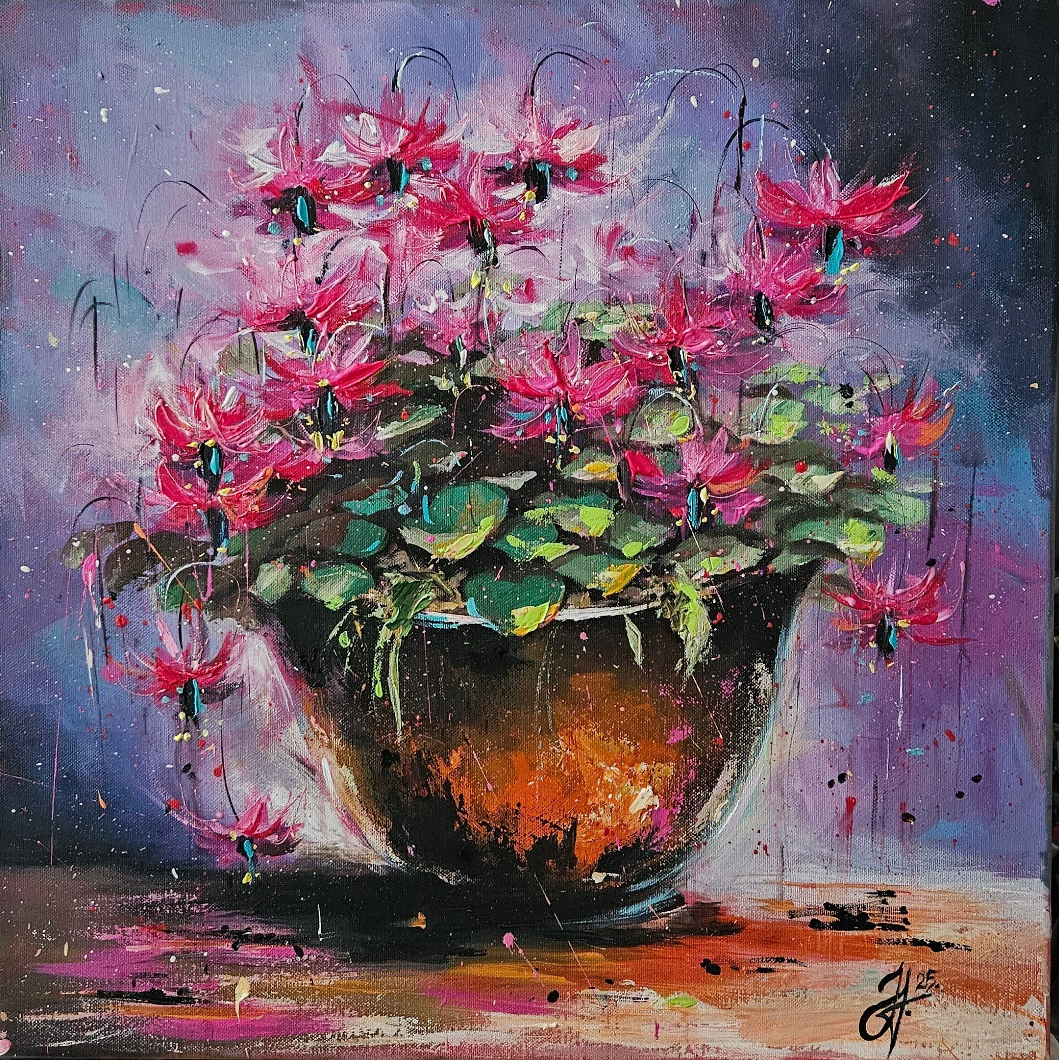 Kvety fuksie v nádobe. Ručne maľovaný obraz na predaj.