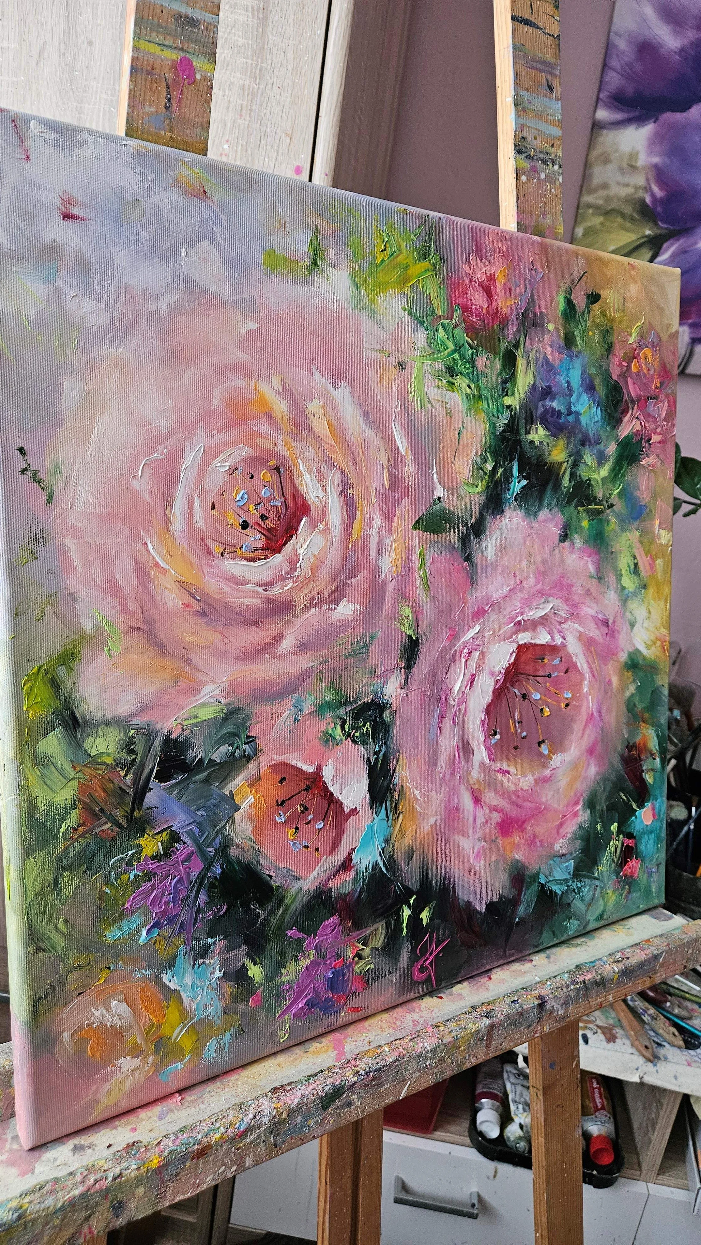 Ružové pivónie v záhrade. Peony. Ručne maľovaný obraz na predaj.