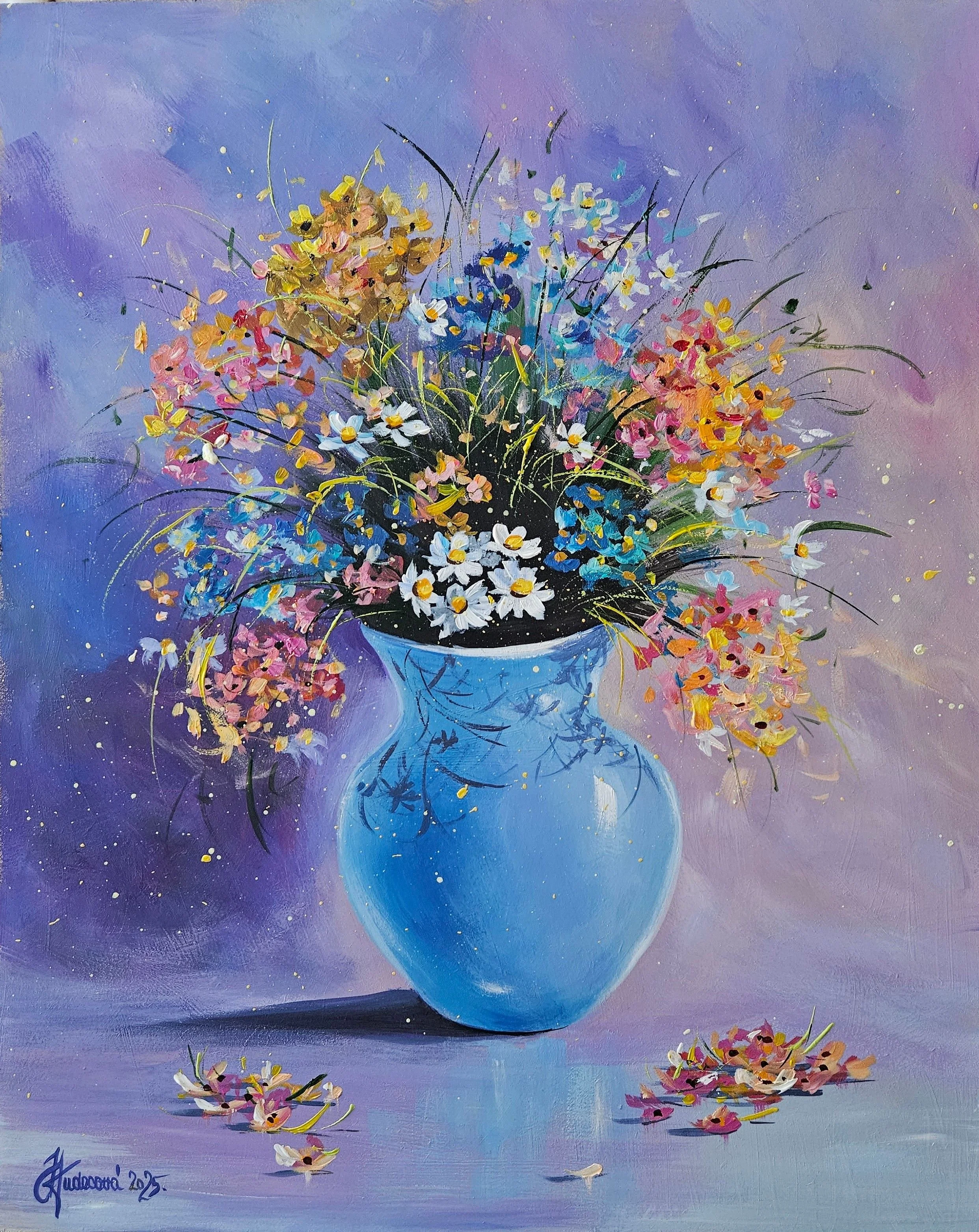 Lúčne kvety v modrj váze. Zátišie s  poľnými kvetmi. Ručne maľovaný obraz na predaj.