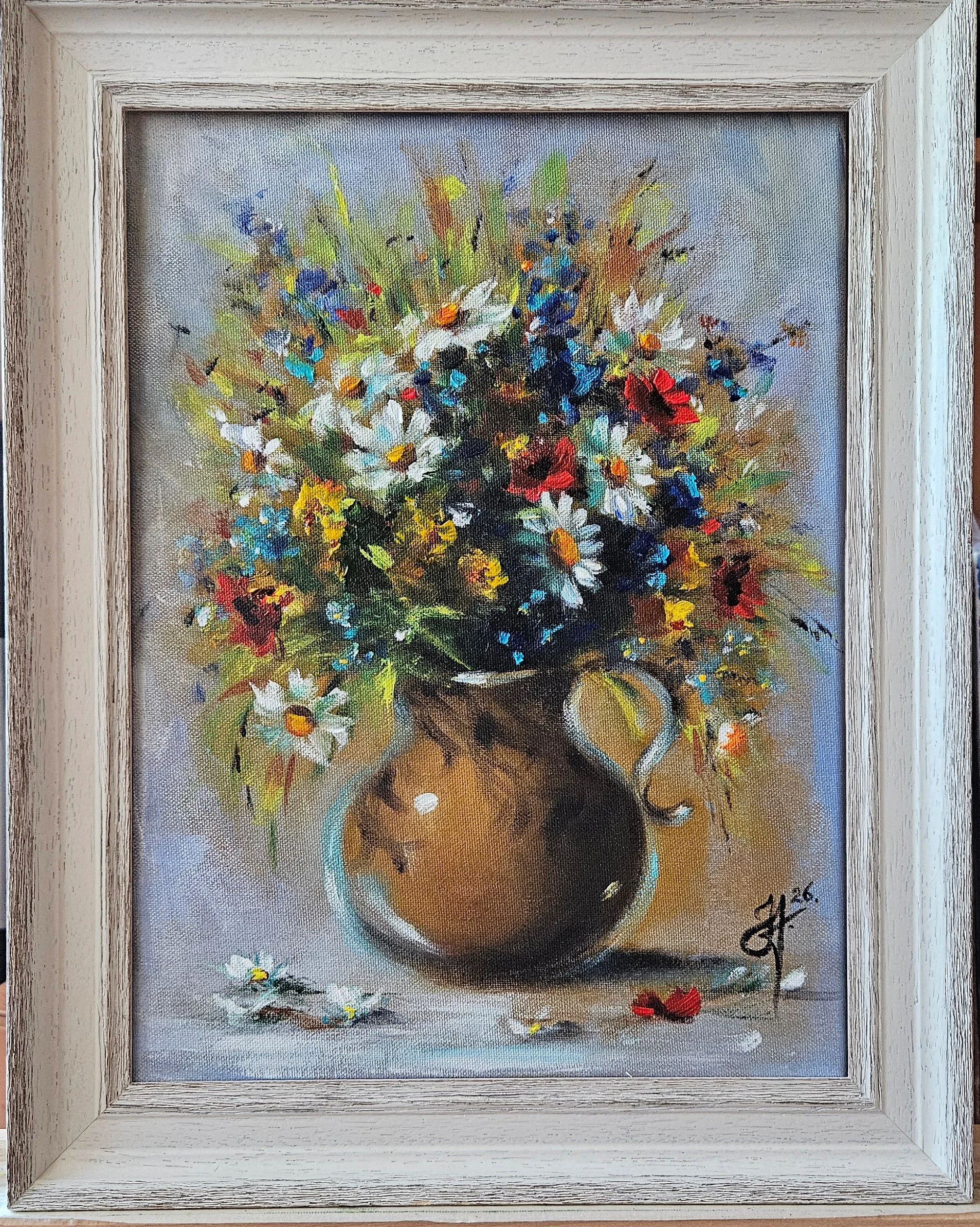 Lúčne kvety v džbáne. Zátišie s poľnými kvetmi. Ručne maľovaný obraz na predaj.