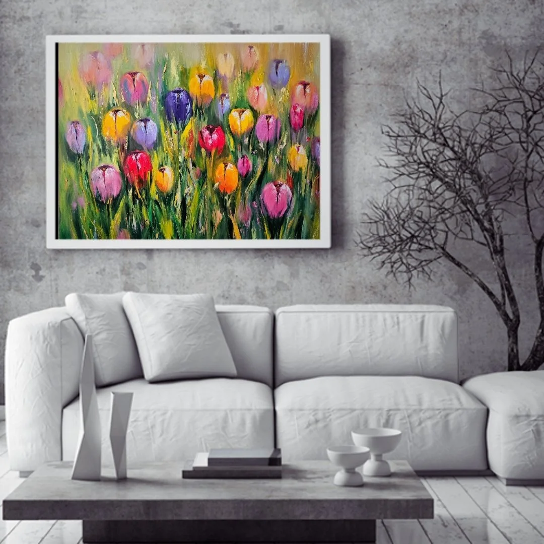 Farebné tulipány v záhrade. Moderný obraz s kvetmi. Ručne maľovaný obraz na predaj.