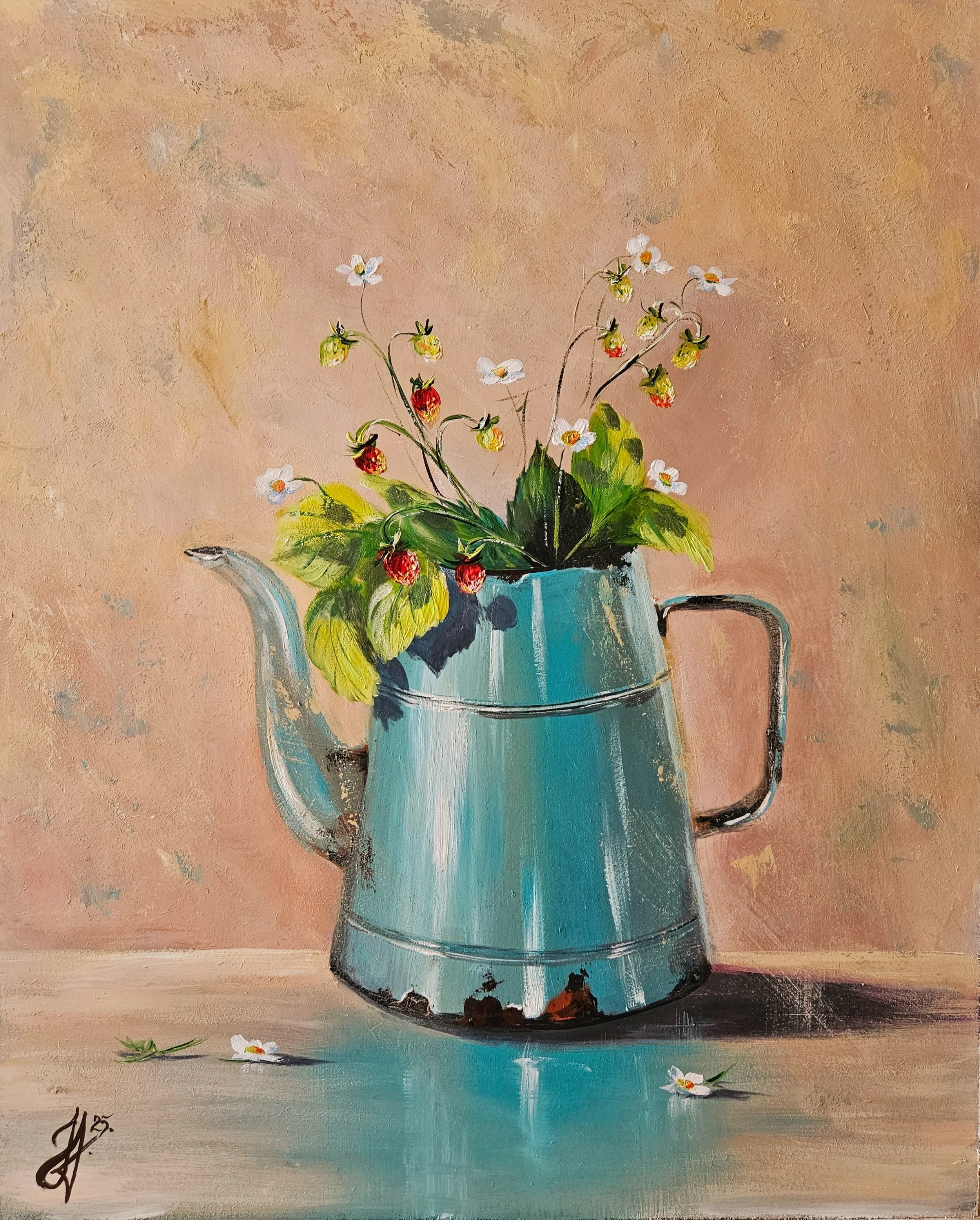 Lesné jahody v  plechovej tyrkysovej konvici . Vintage štýl. Ručne maľovaný obraz na predaj.