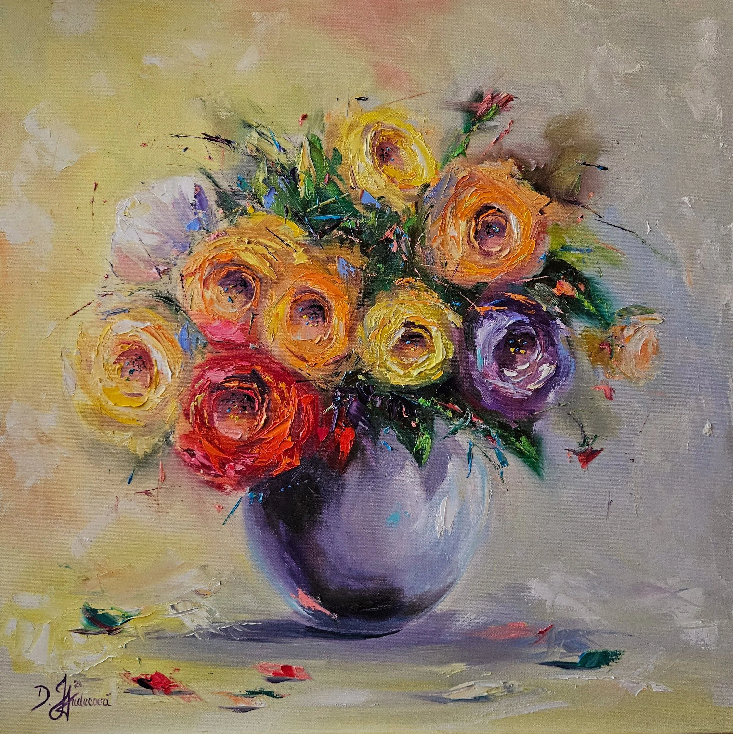 Kytica ruží vo váze. Zátišie s kvetmi. Ručne maľovaný obraz na plátne. Roses.