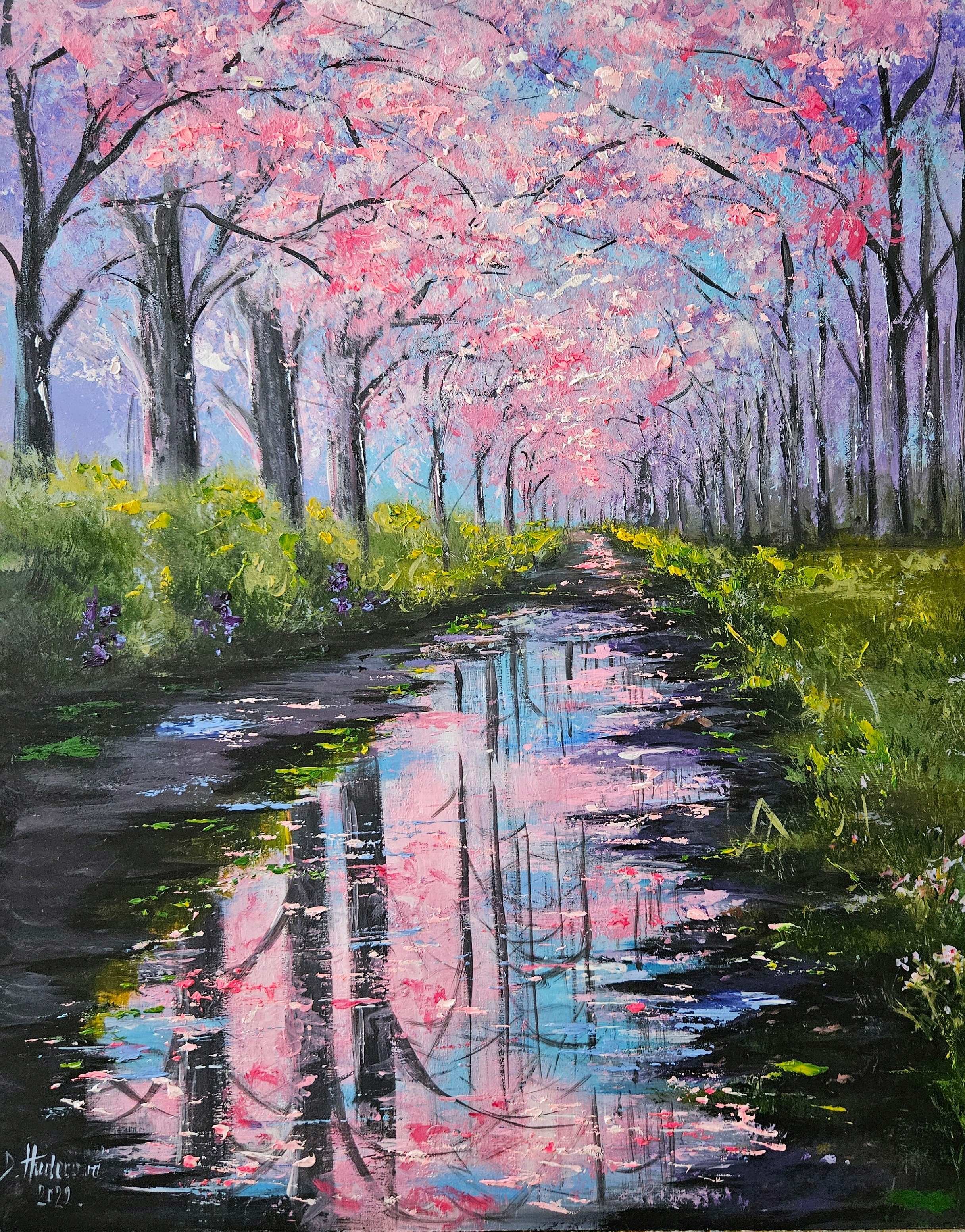 Jarná alej.  Odrazy rozkvitnutých stromov v mlákach na chodníku v parku. Spring in the Park. Ručne maľovaný obraz na predaj.