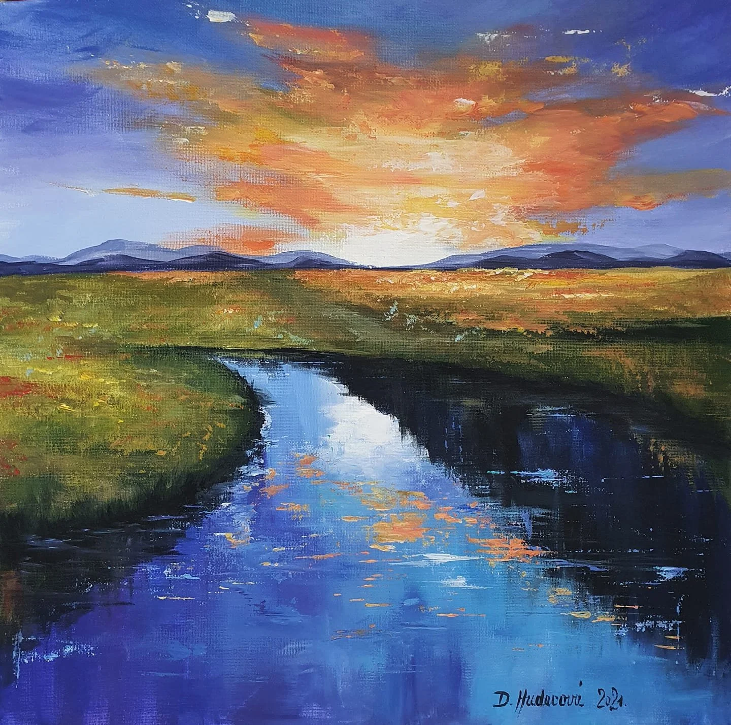 Večerná krajinka pri vode so západom slnka. Obraz maľovaný akrylom na doske potiahnutej plátnom.