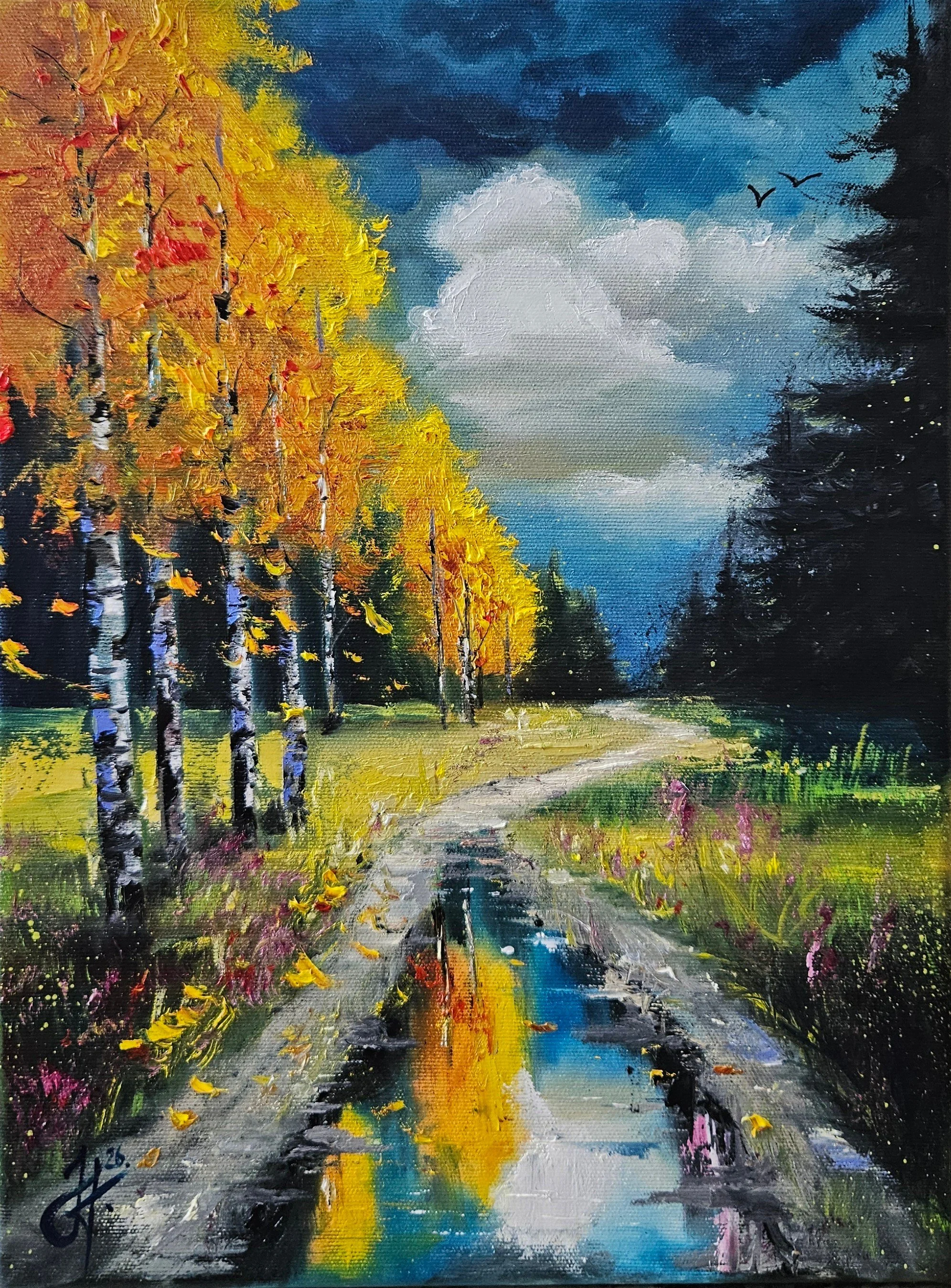 Letná príroda po búrke. Tmavá dramatická obloha, brezy,  mláky na lesnom chodníku. Ručne maľovaný obraz na predaj.