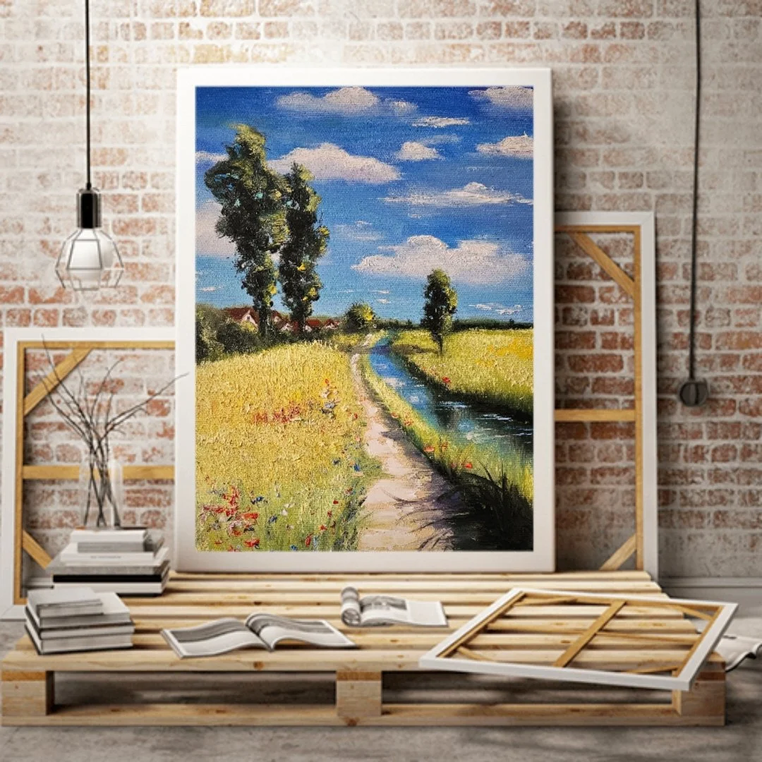 Letný deň na vidieku. Topole, polia, domčeky, voda. Ručne maľovaný obraz na predaj.