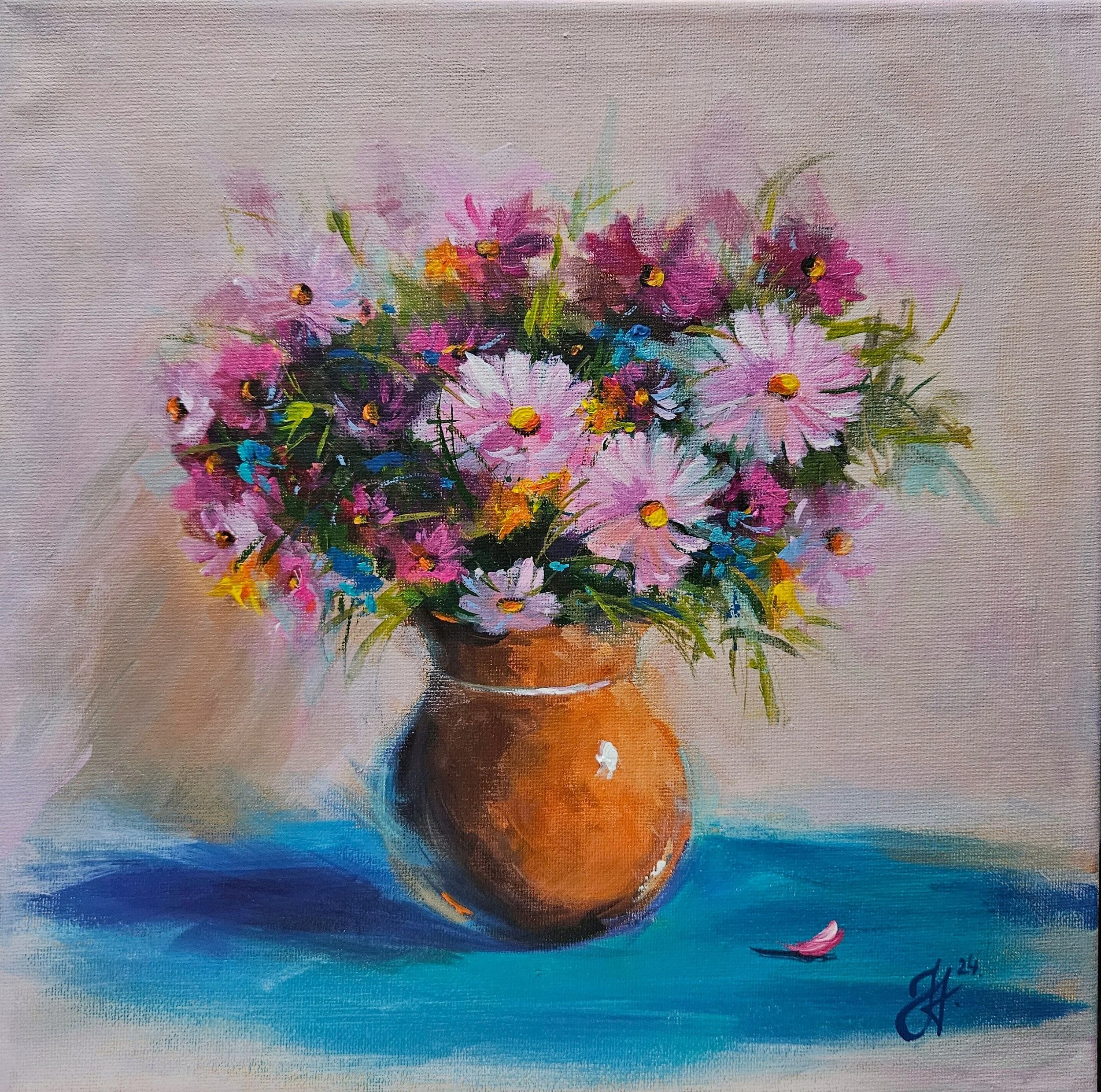 Ružové kvety v hnedenj váze na tyrkysovom pozadí. Ručne maľovaný obraz na predaj. Zátišie s kvetmi.