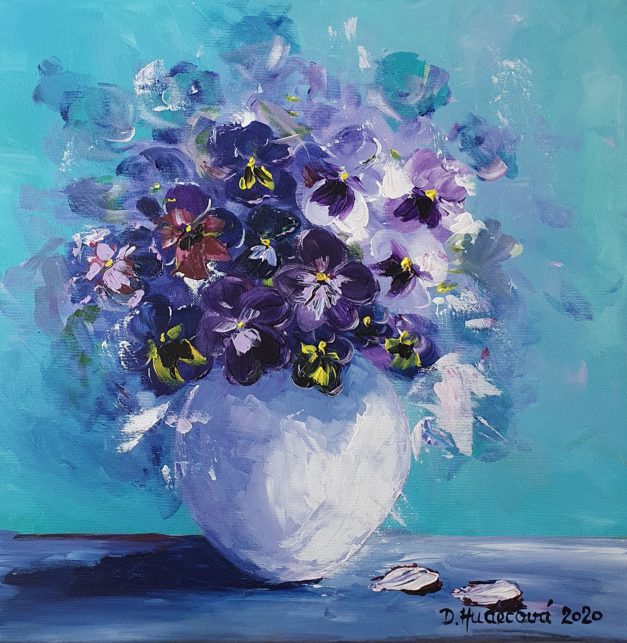 Sirôtky v bielej váze. Ručne maľovaný obraz na predaj.