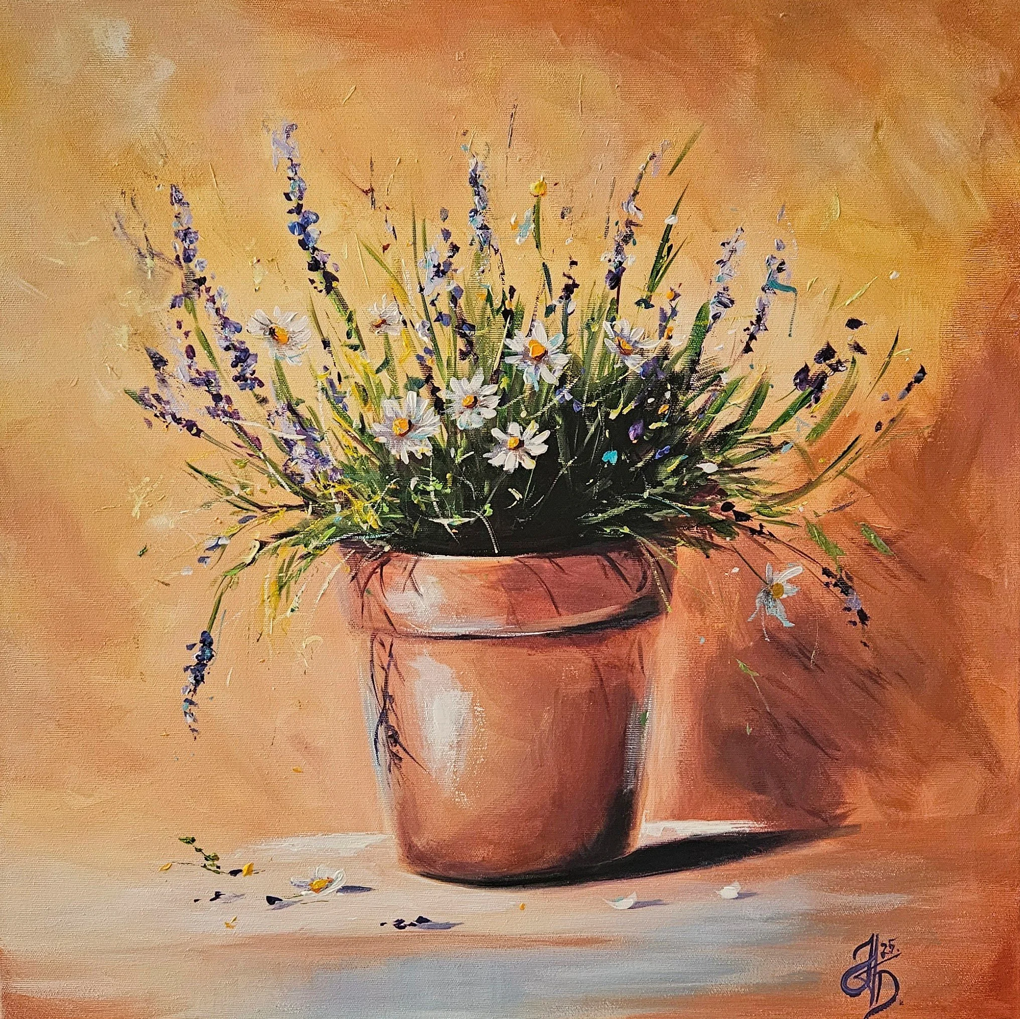 Levandule a margarétky v črepníku. Vidiecky štýl. Ručne maľovaný obraz na predaj.