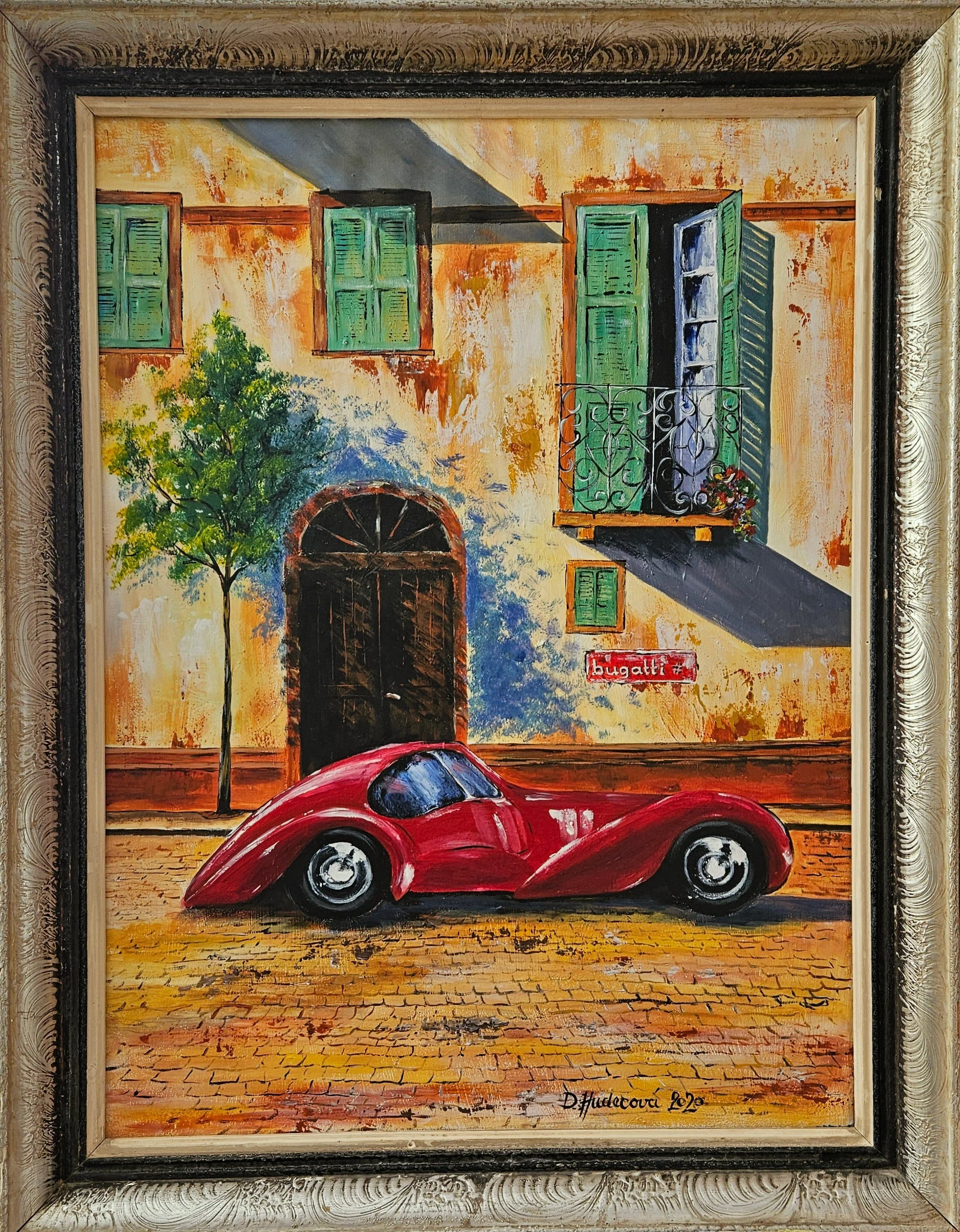 Auto - veterán Bugatti pred domom. Letný večer v Taliansku, mesto, auto. Ručne maľovaný obraz na plátne, zarámovaný.