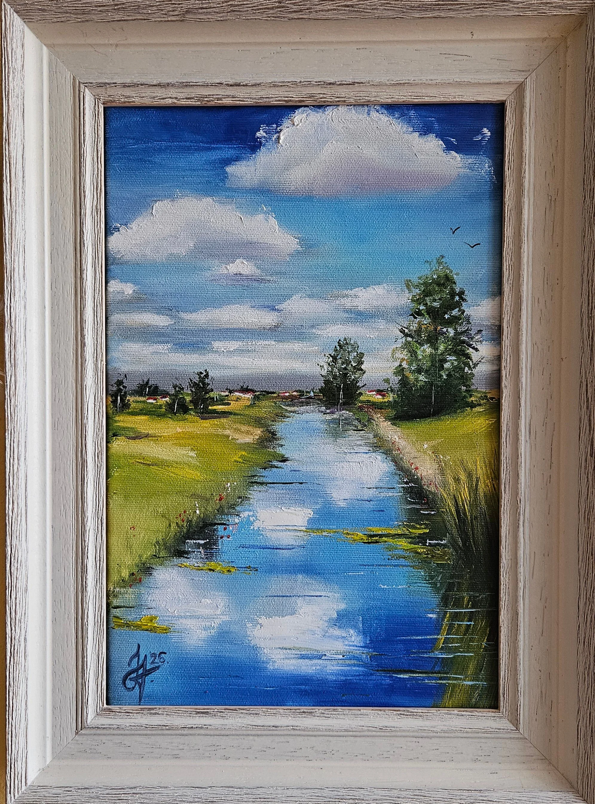 Letný deň v prírode pri vode. Lúky, stromy, jazero. Ručne maľovaný obraz na predaj.