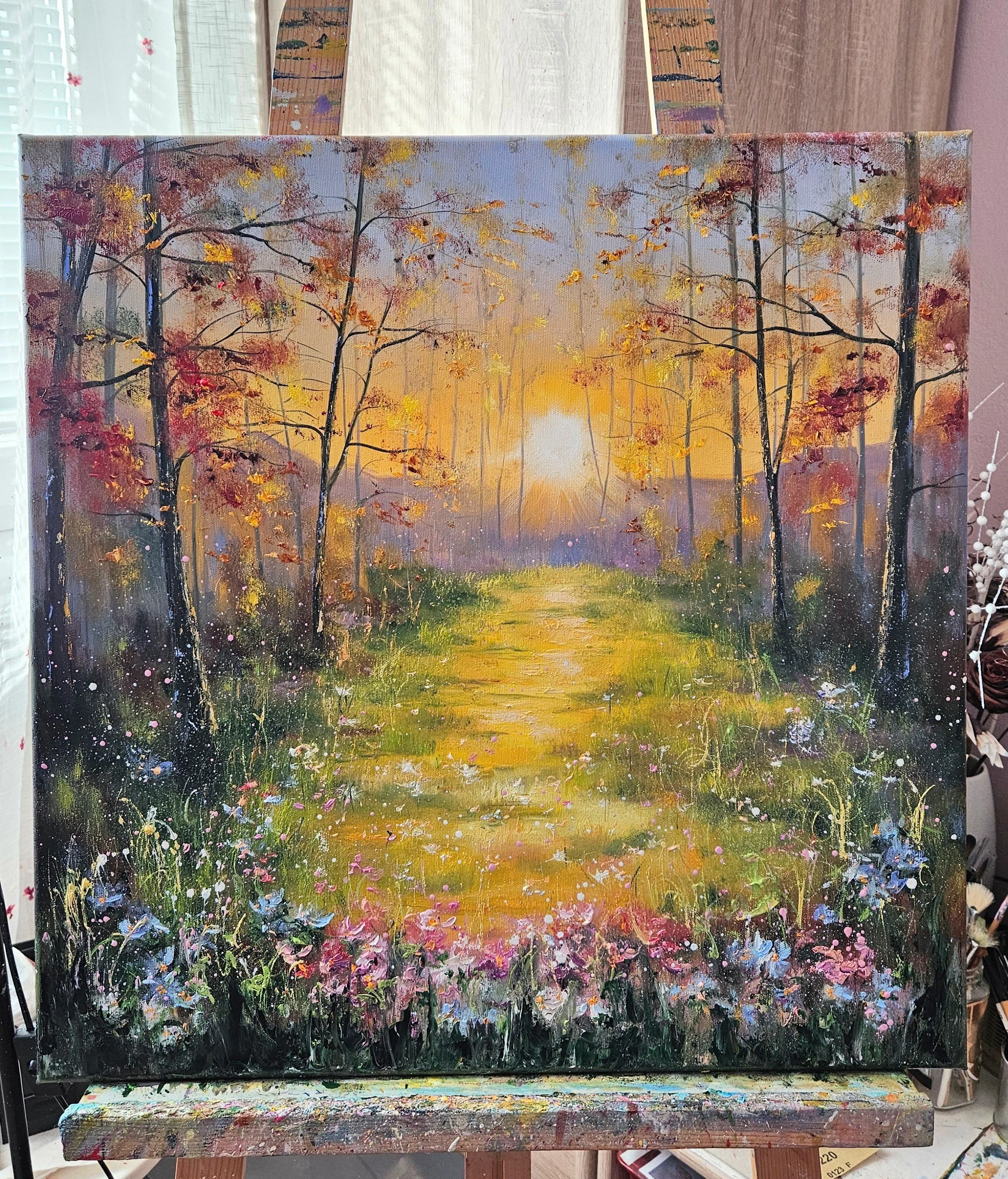 Slnečné ráno na čistinke v lese. Stromy, kvety, príroda. Ručne maľovaný obraz na predaj.