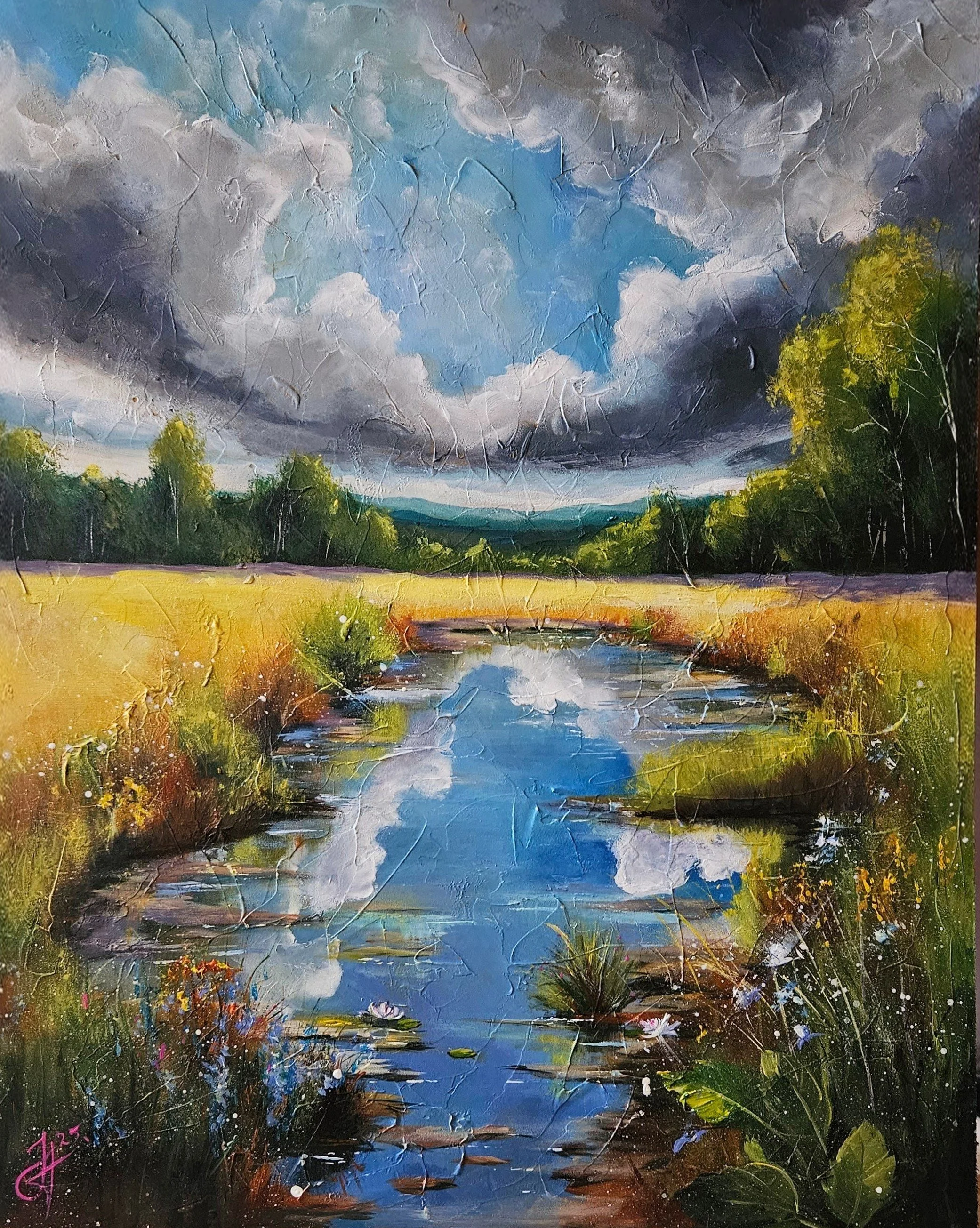 Letný  deň v prírode. Mokraď, stromy, lúka. Ručne maľovaný obraz na predaj.