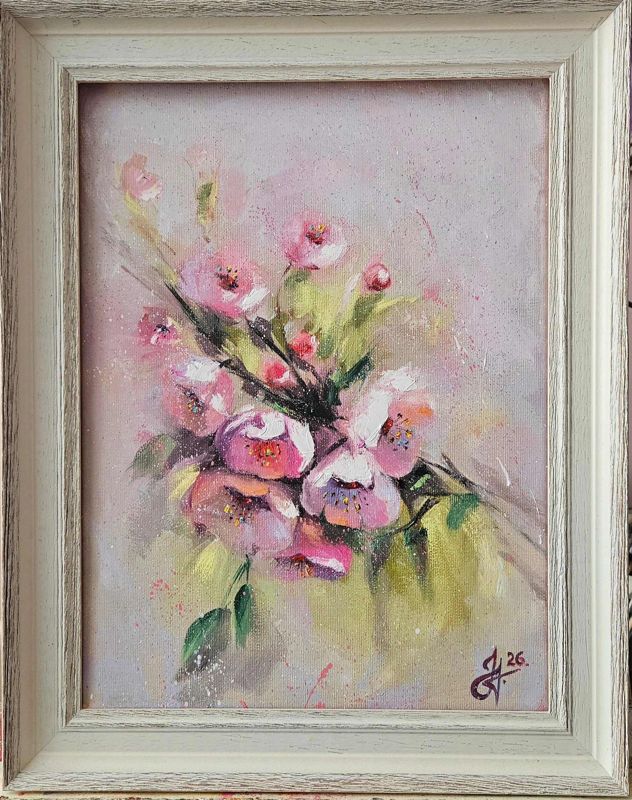 Rozkvitnutá jarná vetvička. Jemné ružové kvietky na konári stromu. Ručne maľovaný obraz na predaj.