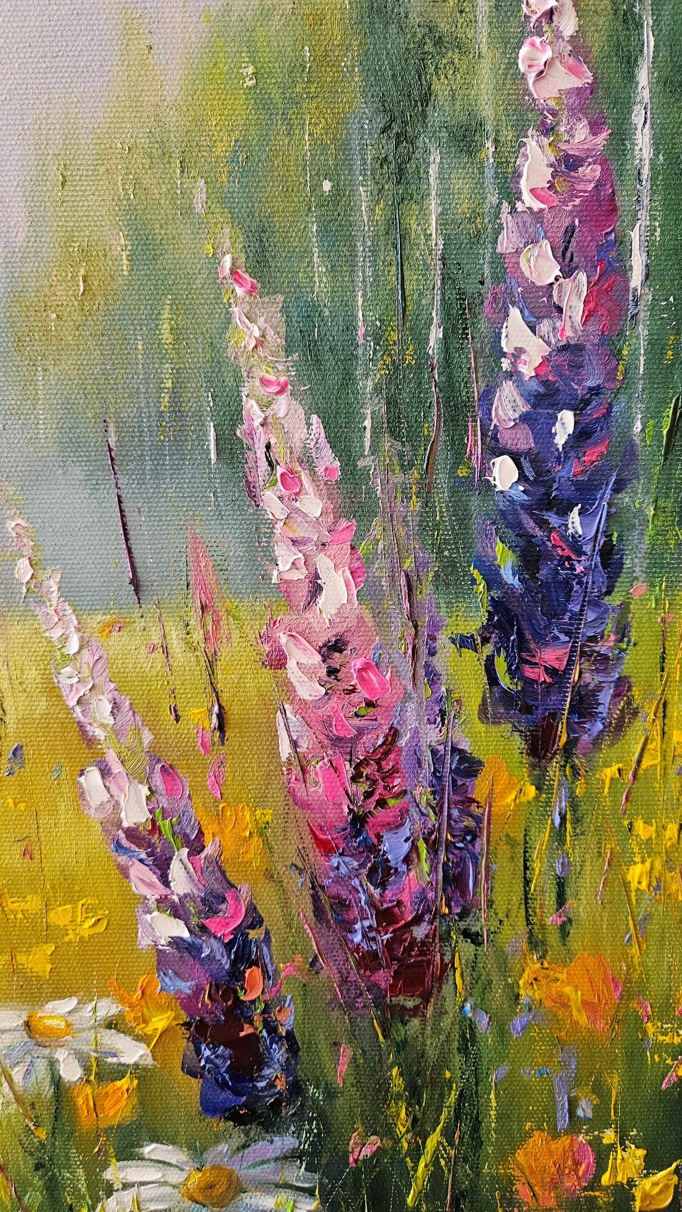 Letná lúka s kvetmi. Lupínie na čistinke v prírode. Ručne maľovaný obraz na predaj.