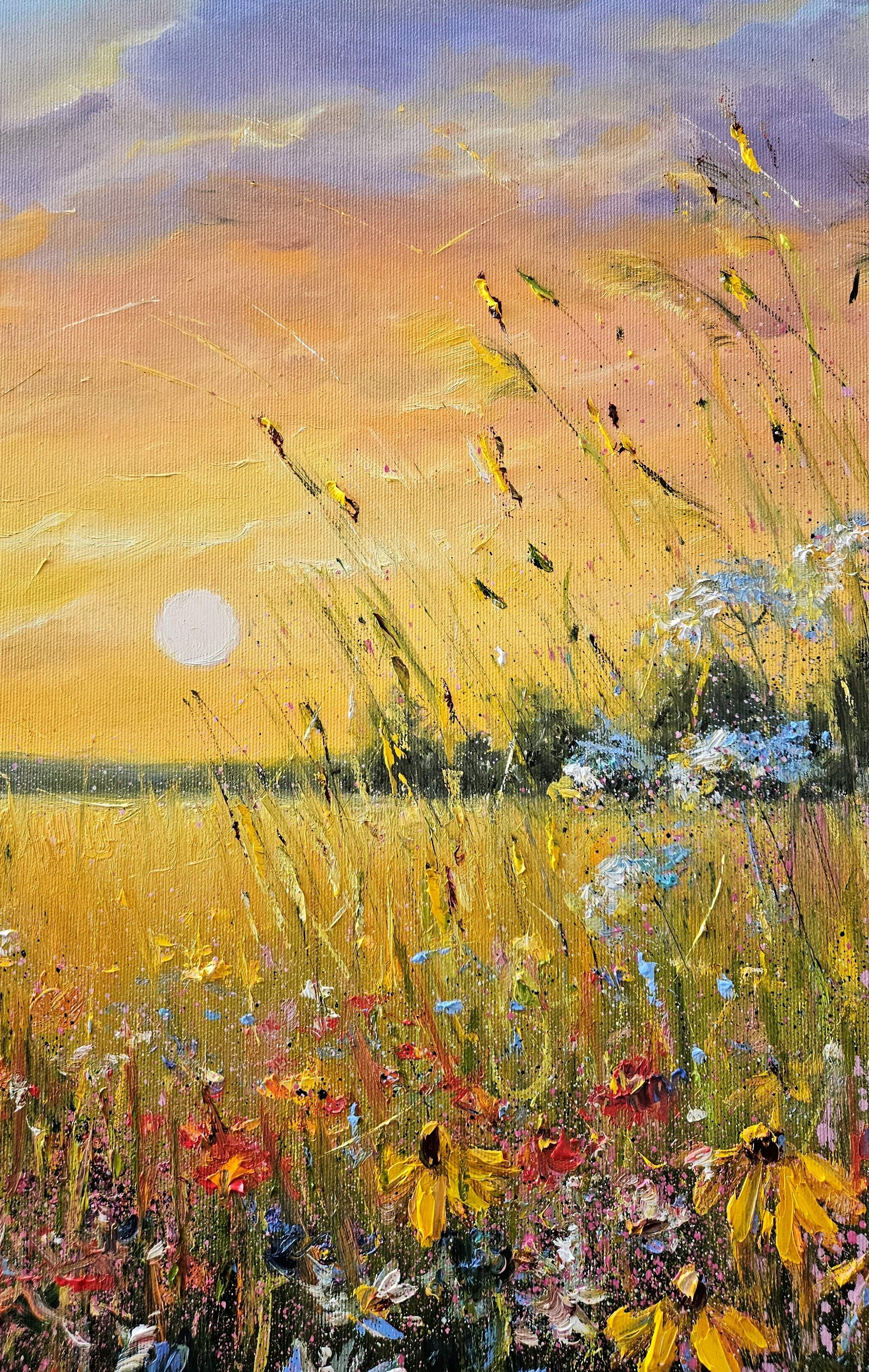 Večer na lúke. Príroda,  kvety, západ slnka. Ručne maľovaný obraz na predaj.