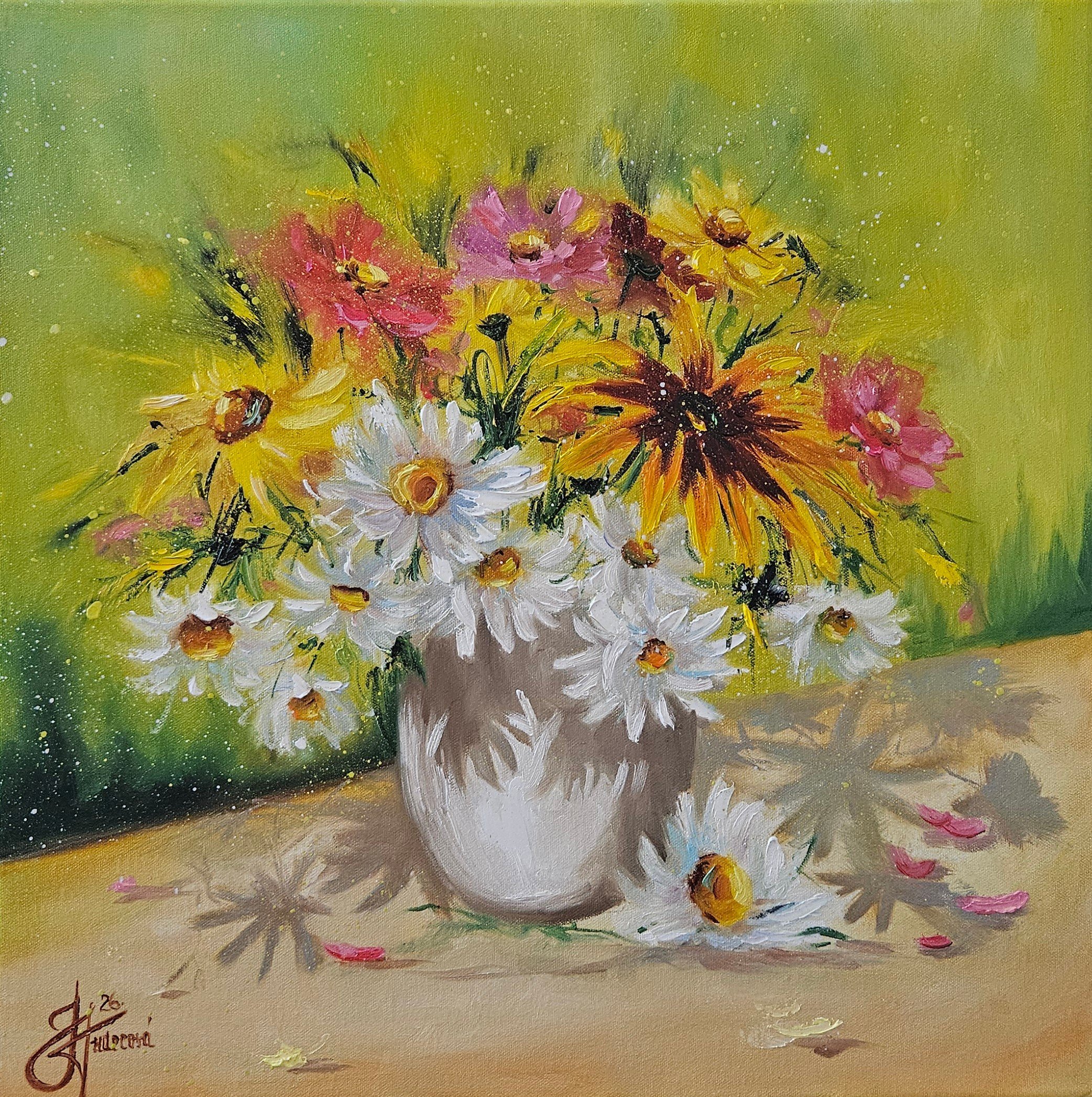 Margaréty a rudbekie. Kvety vo váze na letnej lúke. Ručne maľovaný obraz na predaj.