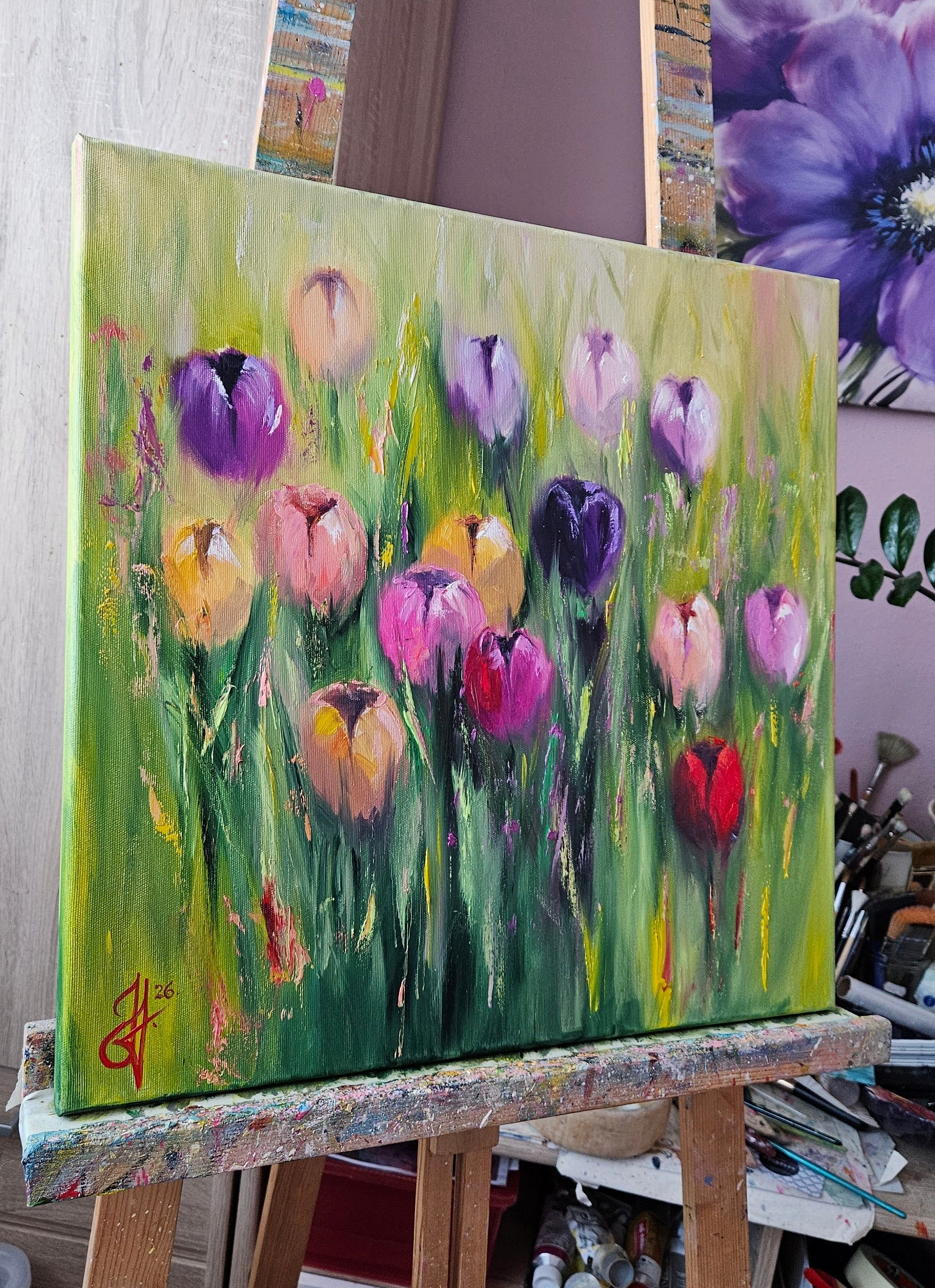 Jarné kvety.  Farebné tulipány v záhrade. Moderný ručne maľovaný obraz na predaj.