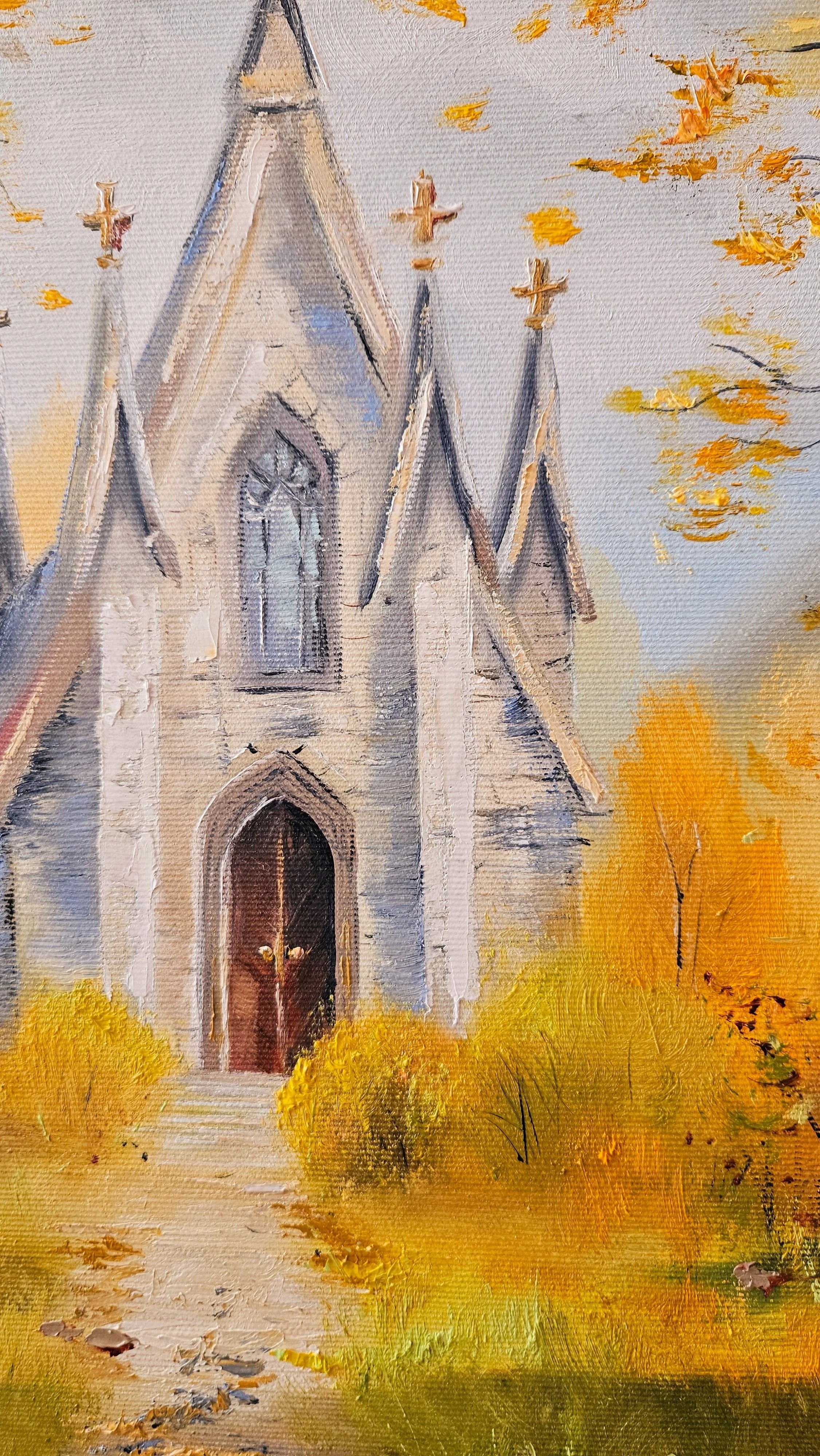 Kostolík v lese uprostred letnej prírody. Ručne maľovaný obraz na predaj.