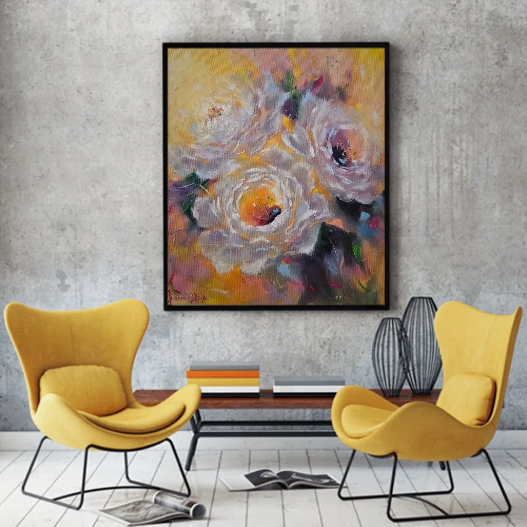 Biele pivónie na žltom pozadí. Moderný obraz. Zátišie s kvetmi. Ručne maľovaný obraz na predaj.