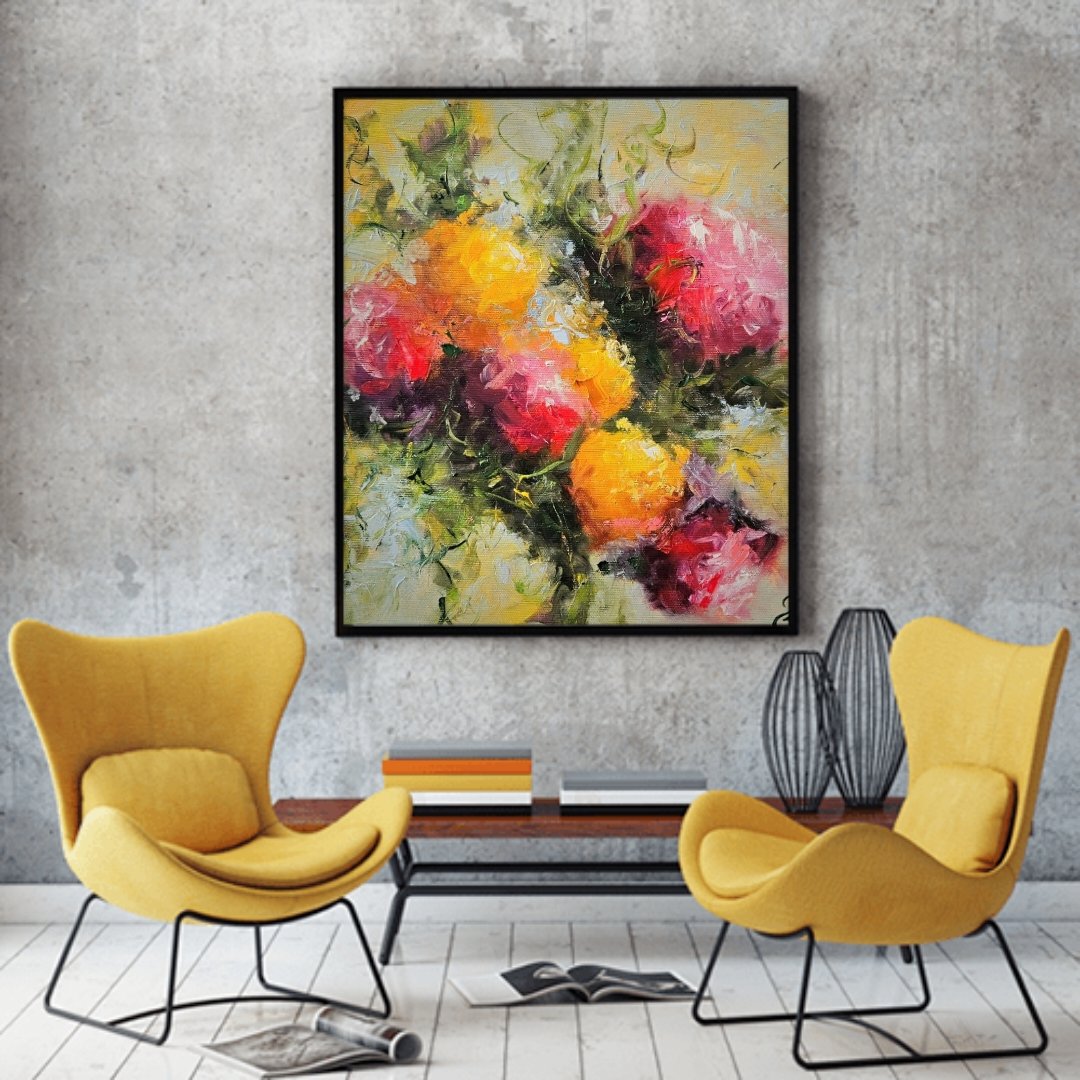 Žlté a ružové kvety. Ručne maľovaný obraz na predaj. Zátišie s kvetmi.