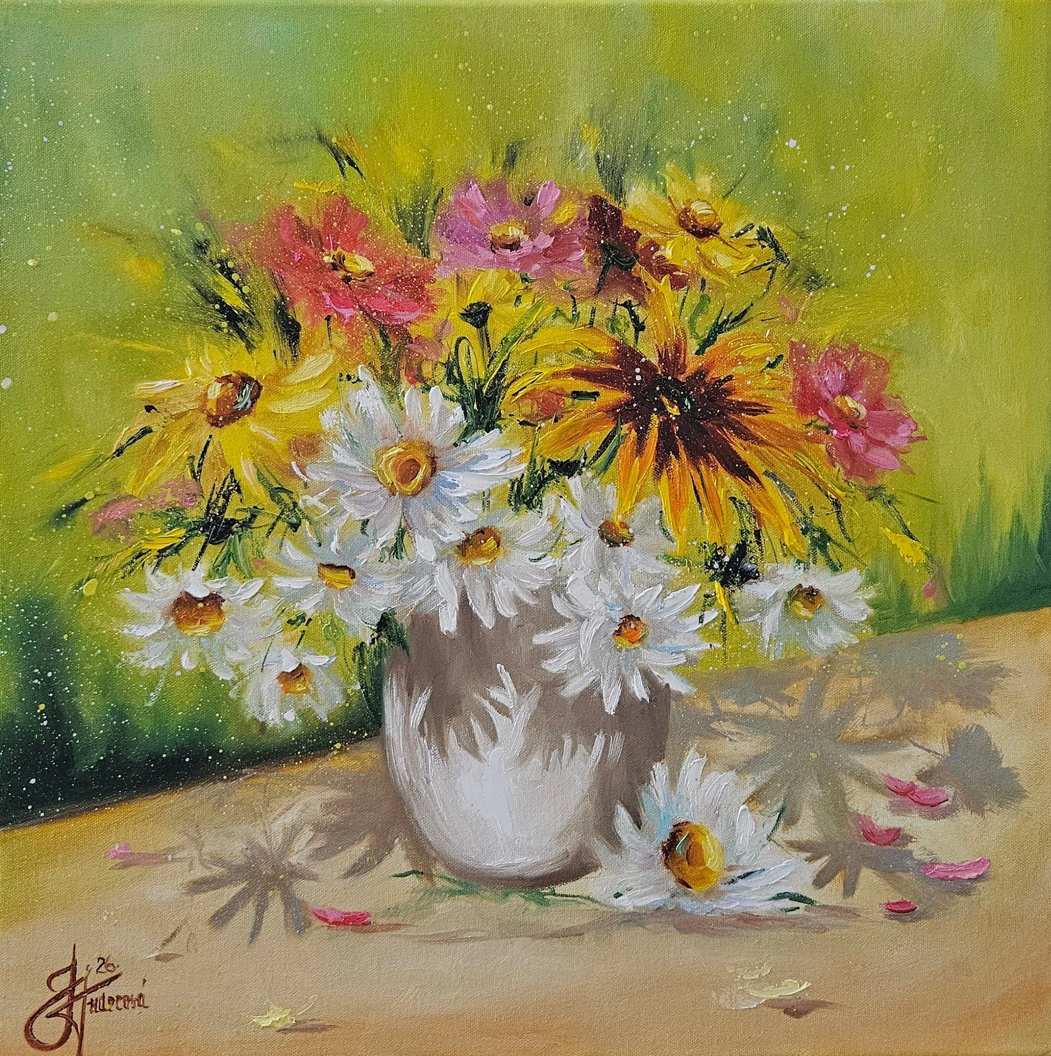 Margaréty a rudbekie. Kvety vo váze na letnej lúke. Ručne maľovaný obraz na predaj.