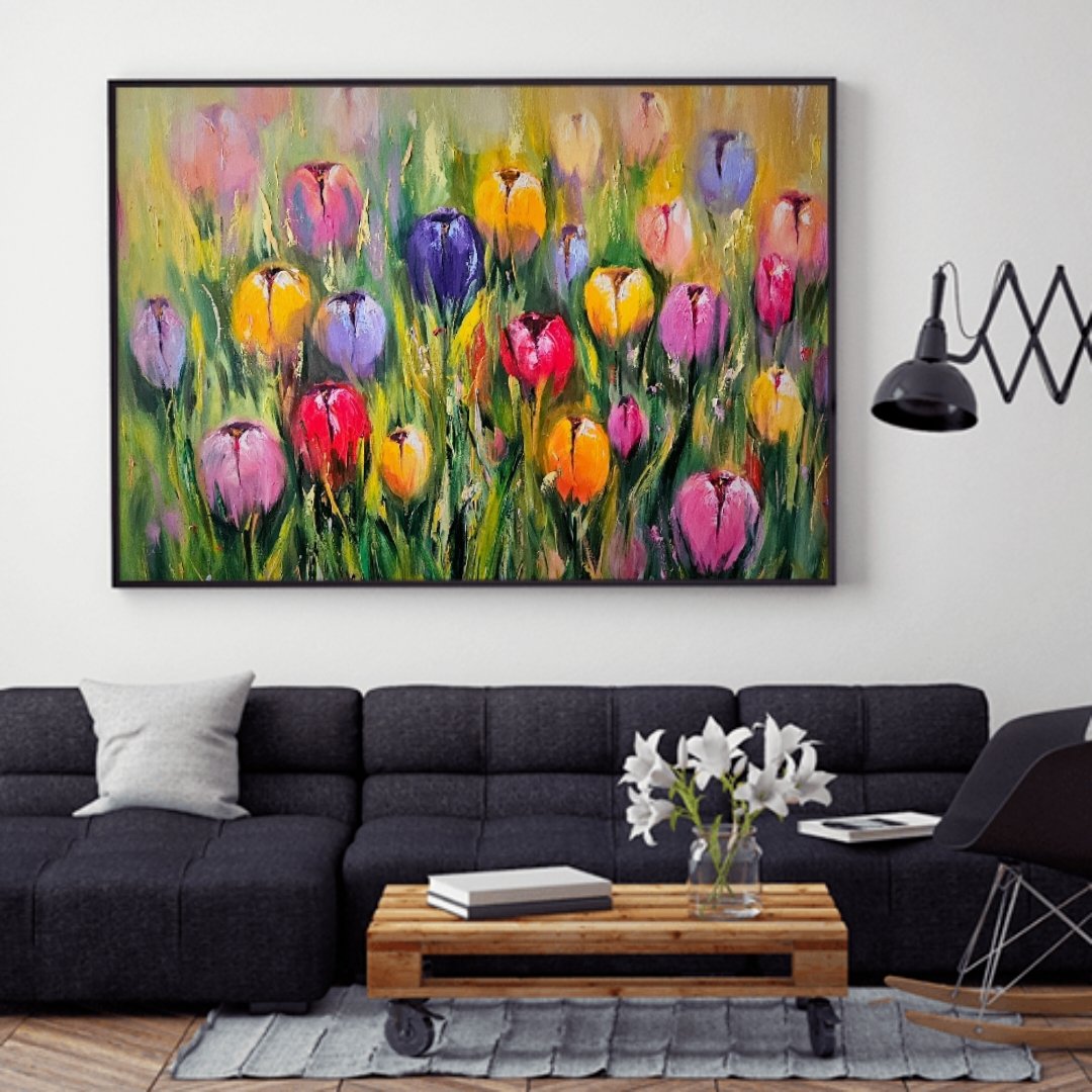 Farebné tulipány v záhrade. Moderný obraz s kvetmi. Ručne maľovaný obraz na predaj.