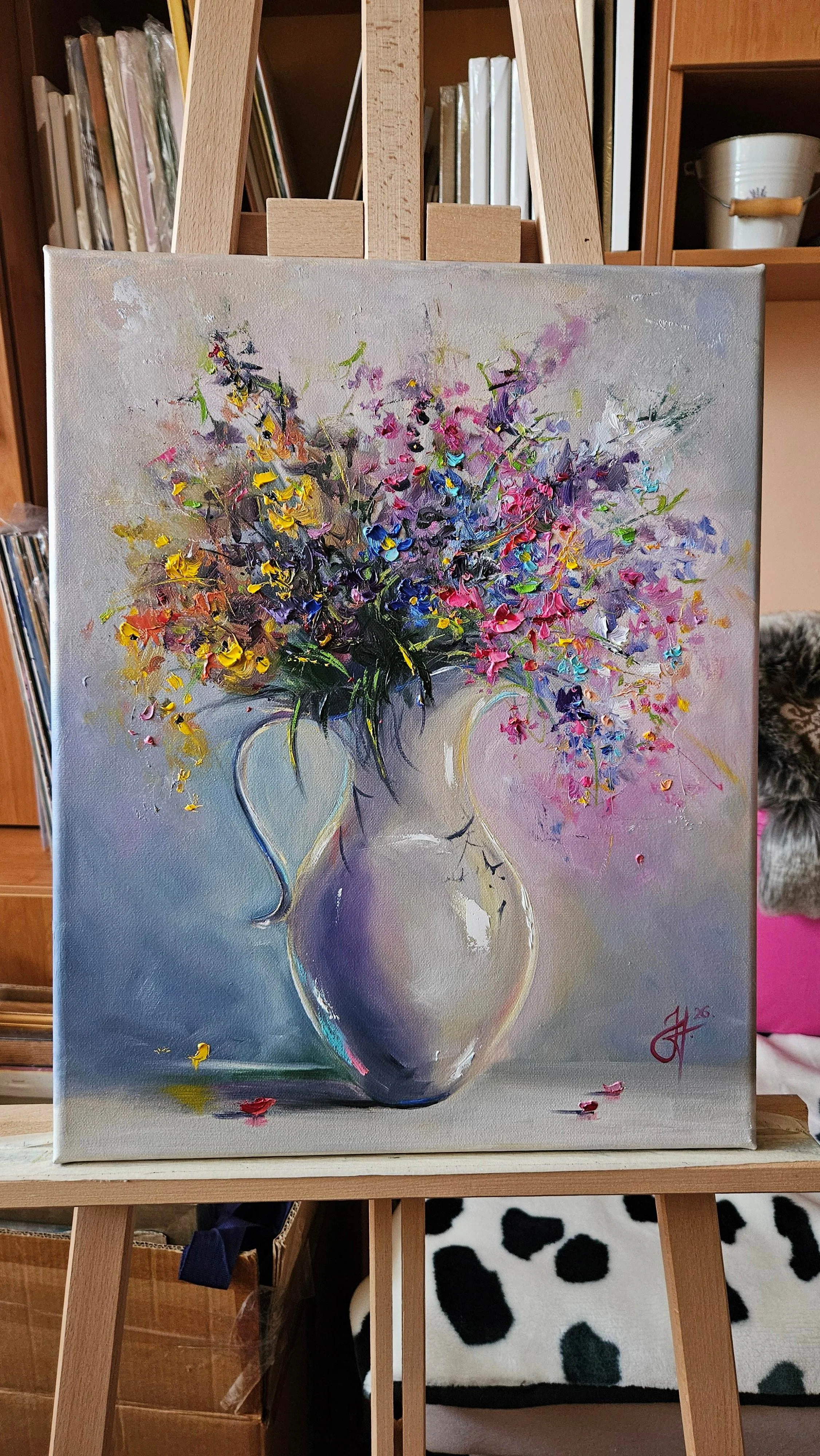 Kytica lúčnych kvetov v džbáne. Romantický vintage obraz. Ručne maľovaný obraz na predaj.