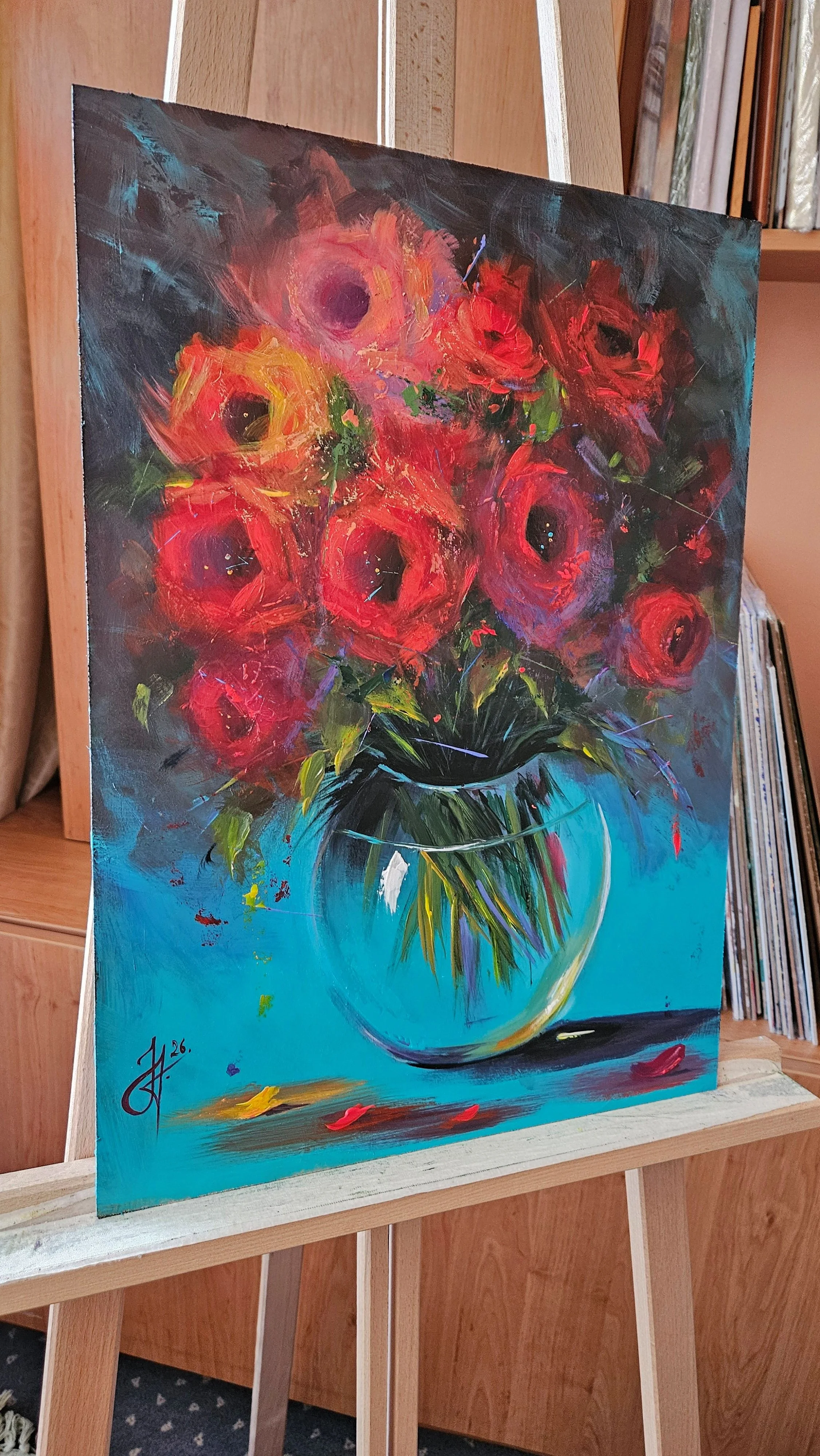 Červené ruže na tyrkysovom pozadí. Kvety vo váze. Zátišie s kvetmi. Ručne maľovaný obraz na predaj. Roses.