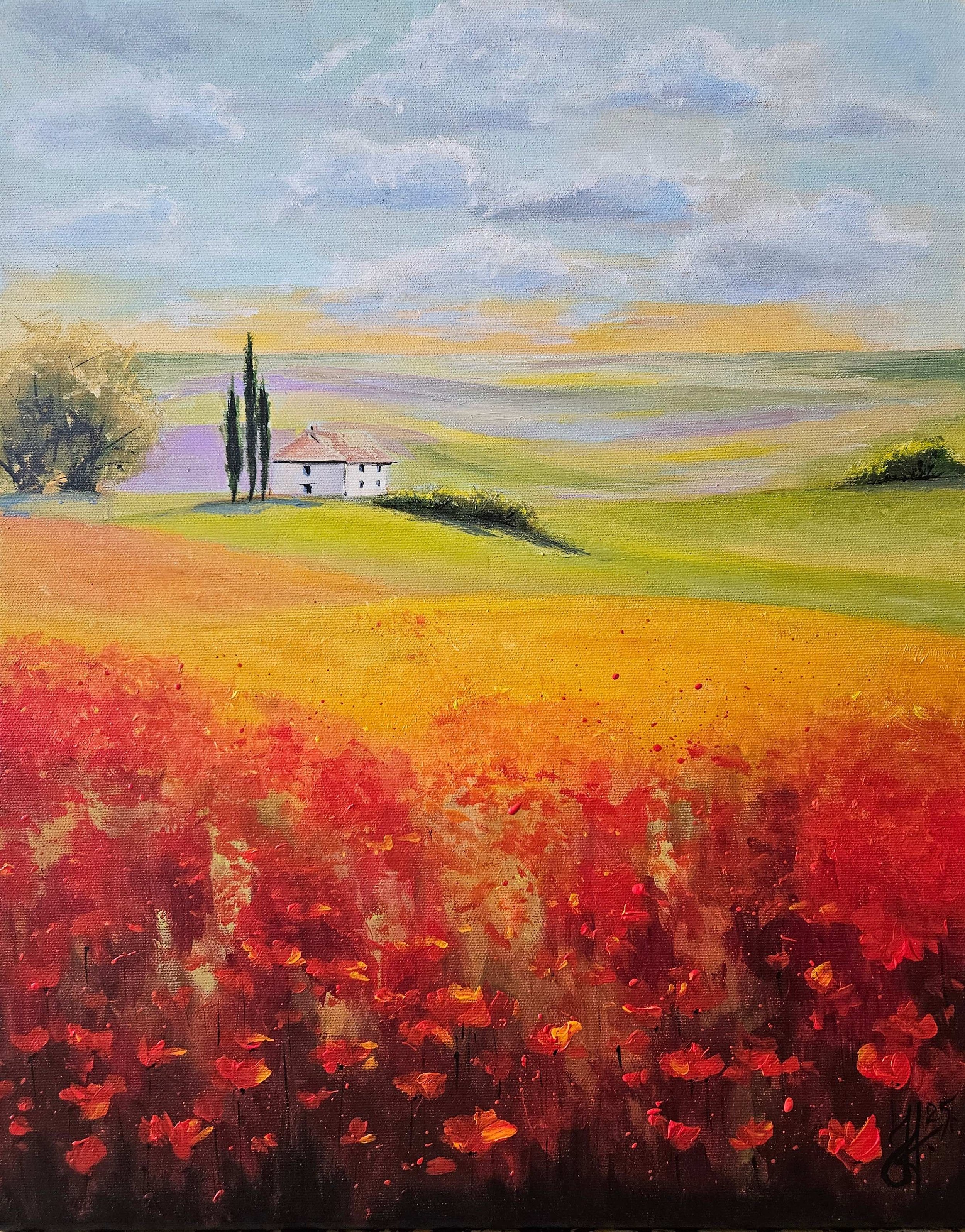 Toskánsko uprostred leta. Dom, polia, stromy, leto. Ručne maľovaný obraz na predaj.