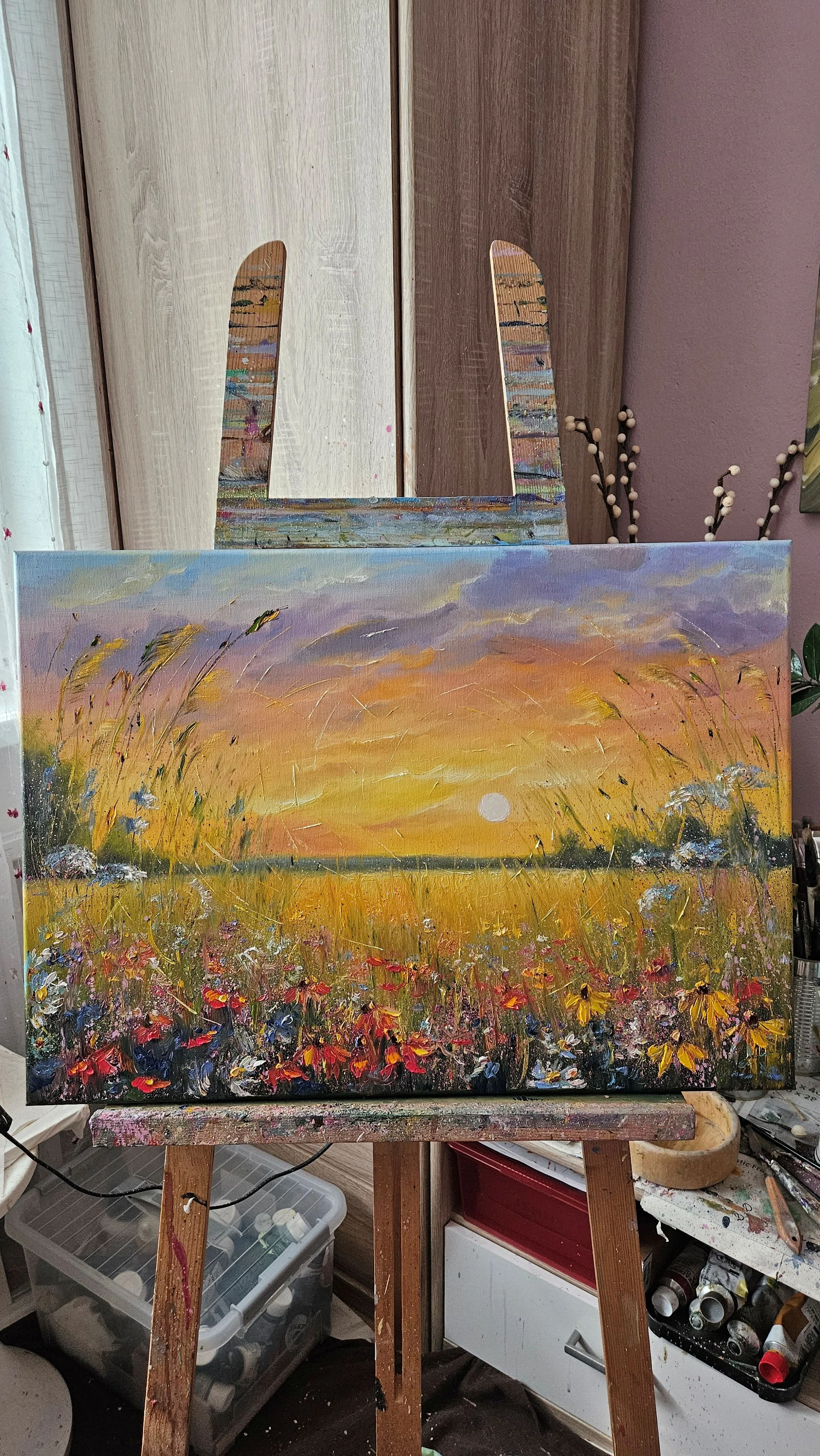 Večer na lúke. Príroda,  kvety, západ slnka. Ručne maľovaný obraz na predaj.