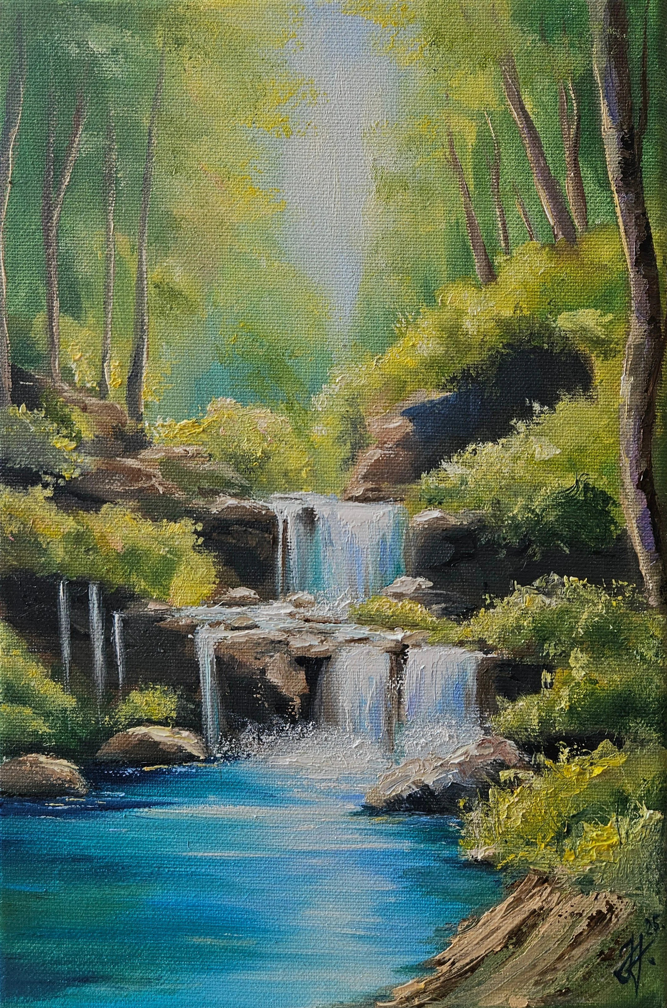 Vodopády uprostred letnej prírody. Les, leto,  zelená tráva. Ručne maľovaný obraz na predaj.