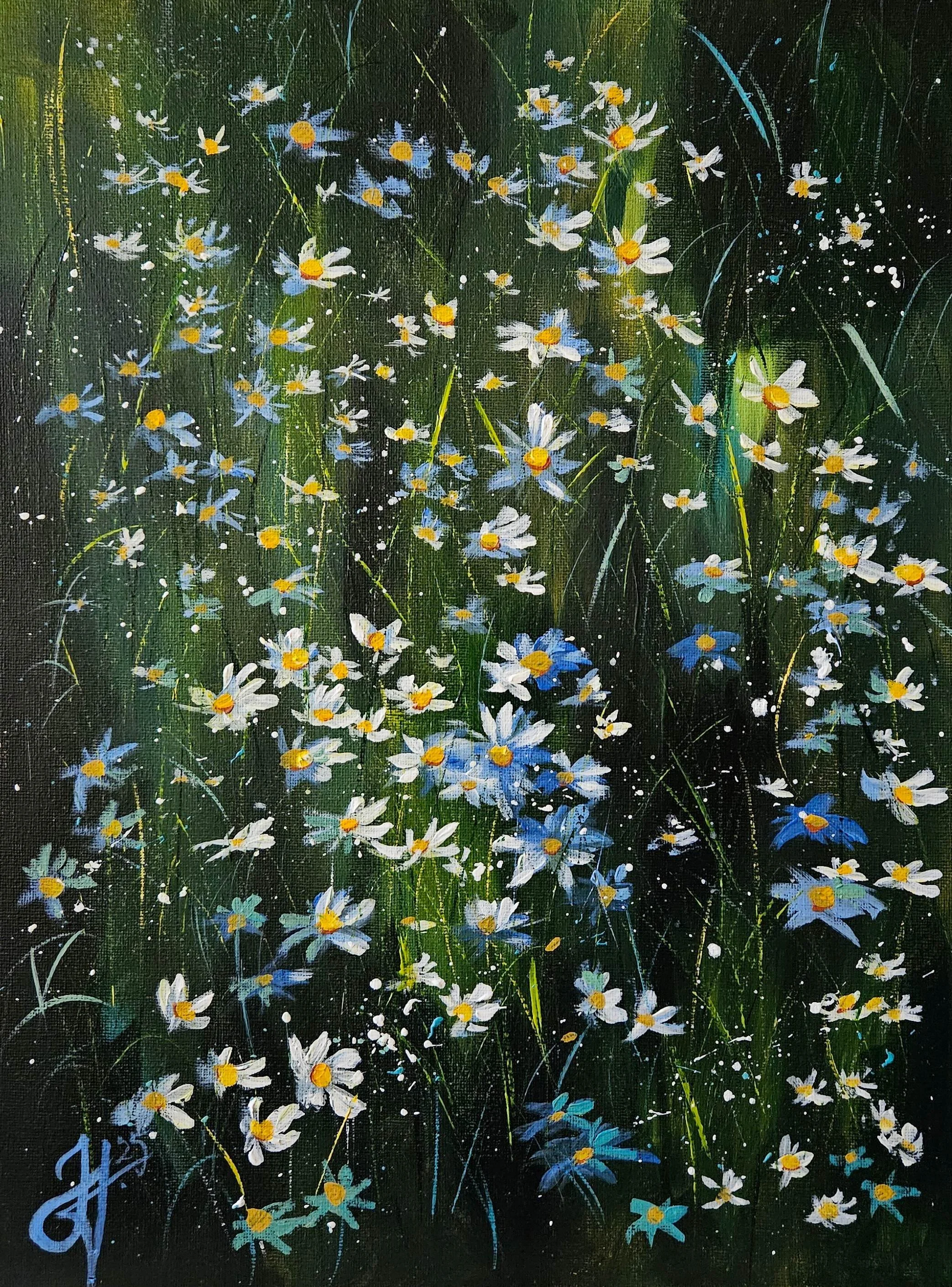 Biele margarétky na zelenej letnej lúke. Lúčne kvety. Ručne maľovaný obraz na predaj.