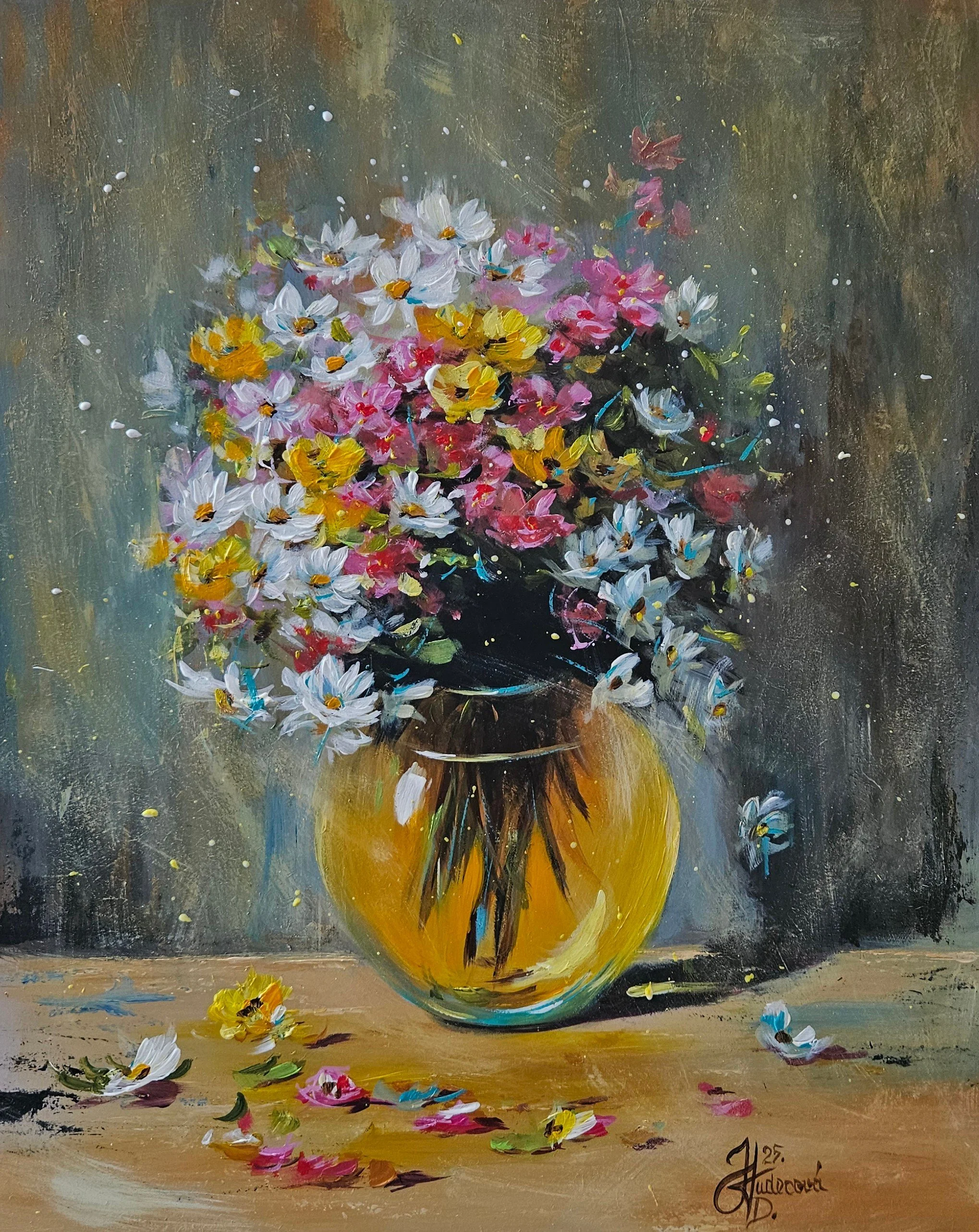 Kytica kvetov vo váze. Zátišie s kvetmi. Ručne maľovaný obraz na predaj. 