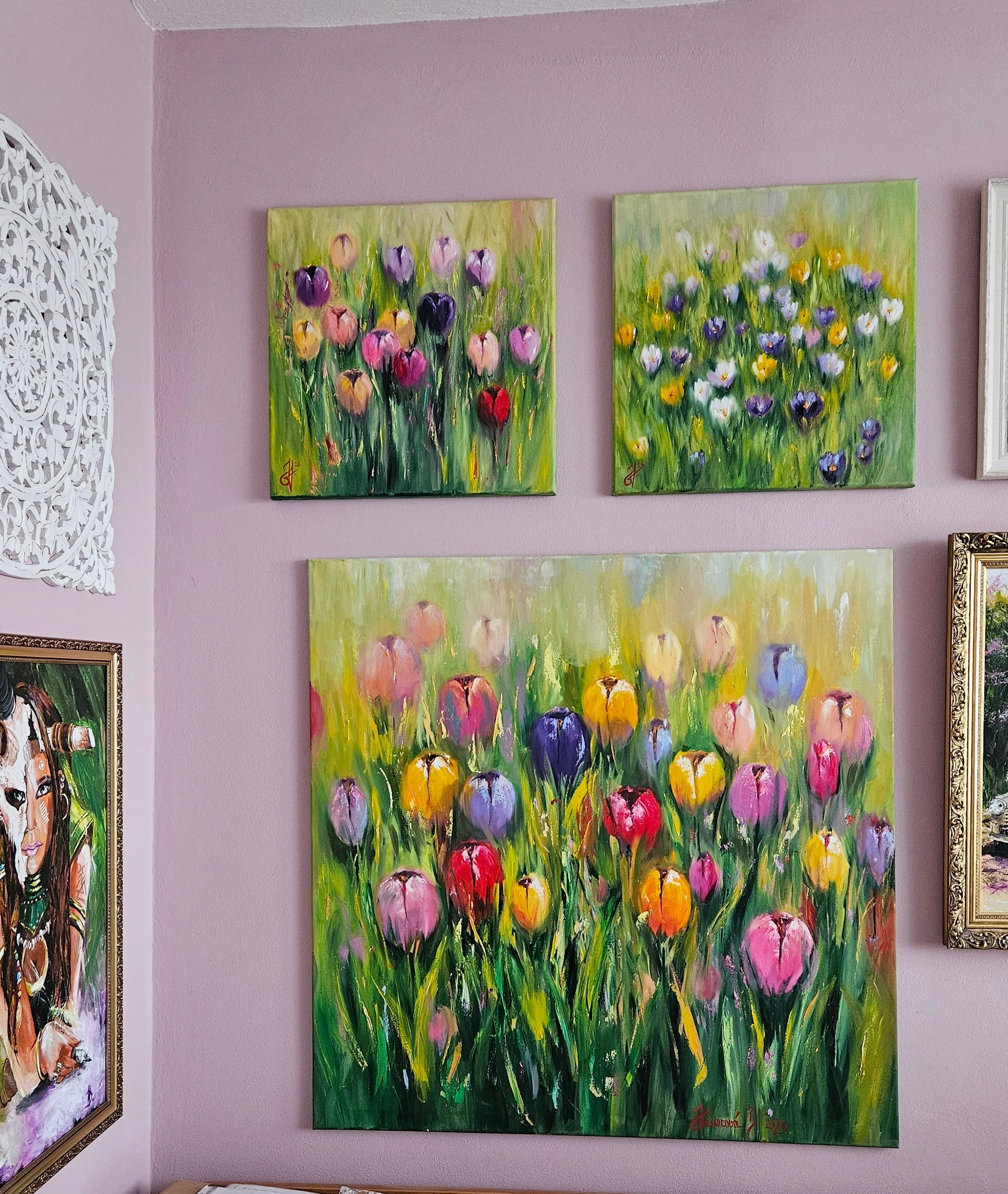 Jarné kvety.  Farebné tulipány v záhrade. Moderný ručne maľovaný obraz na predaj.