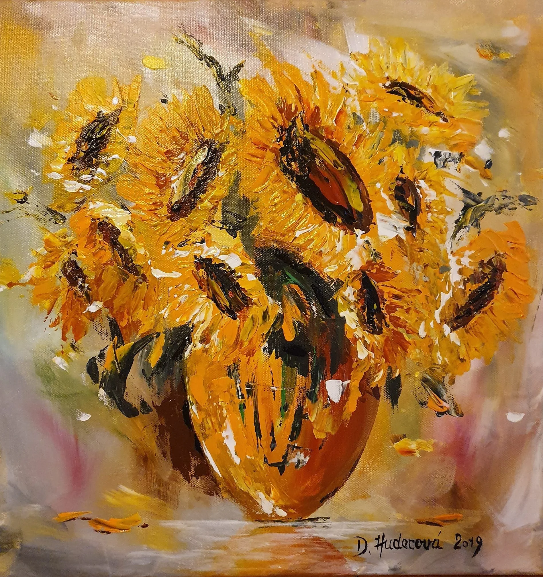 Slnečnice vo váze. Zátišie s kvetmi. Ručne maľovaný obraz na predaj.