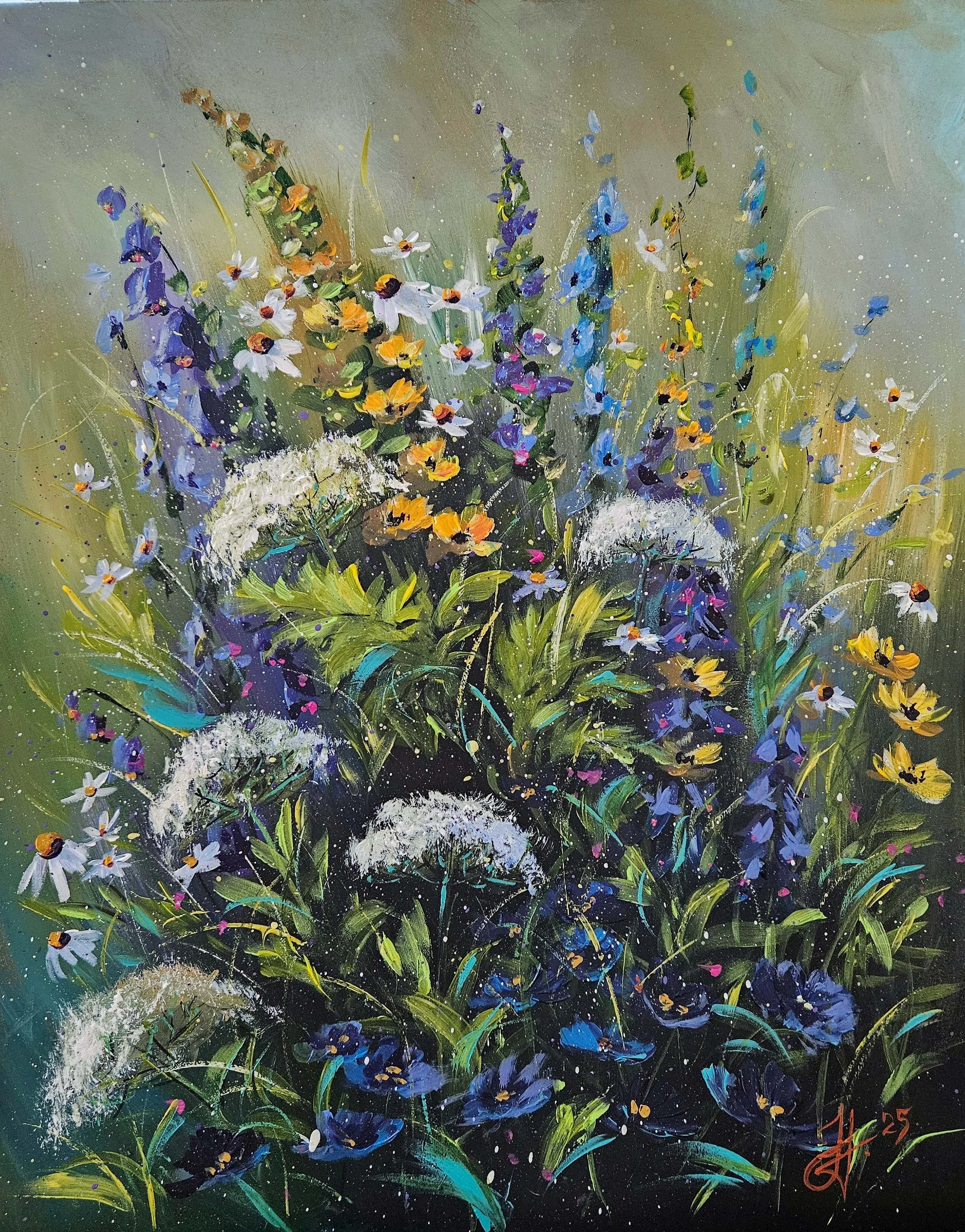 Lúčne kvety na lúke v lete. Ručne maľovaný obraz na predaj.