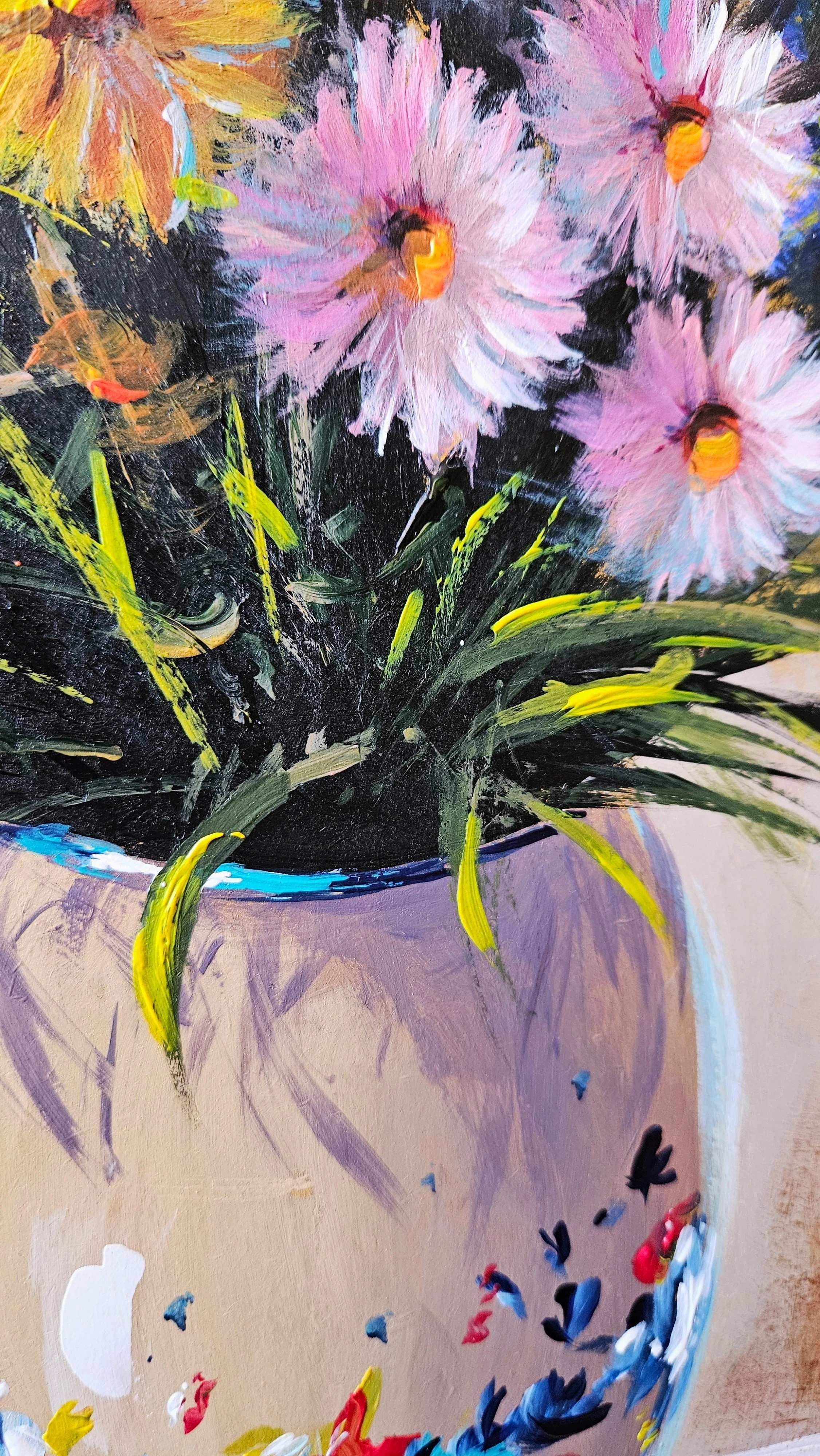 Pestré lúčne kvety vo váze. Zátišie s kvetmi. Ručne maľovaný obraz na predaj.