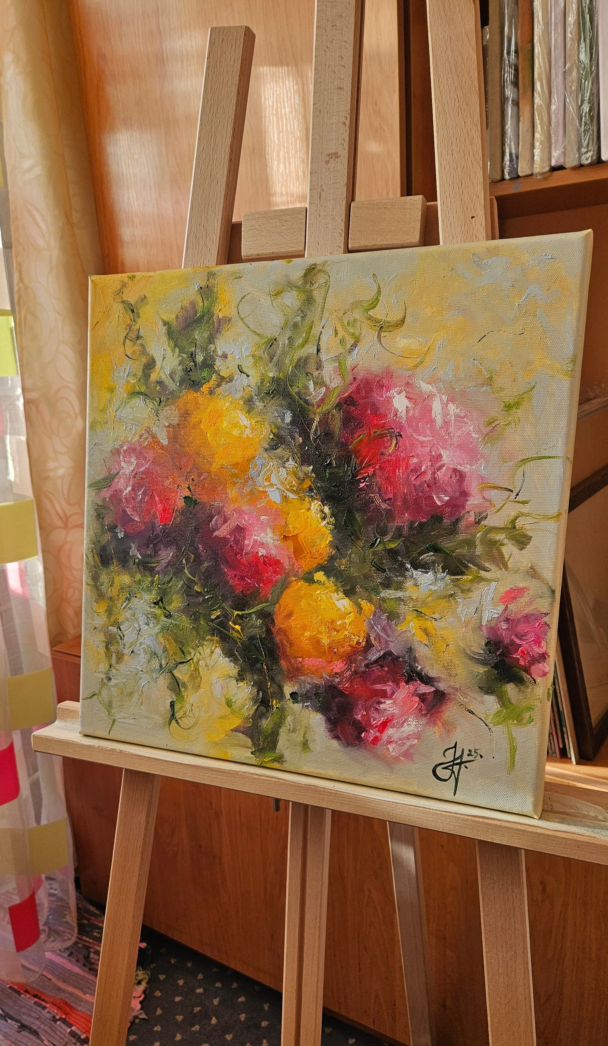 Žlté a ružové kvety. Ručne maľovaný obraz na predaj. Zátišie s kvetmi.