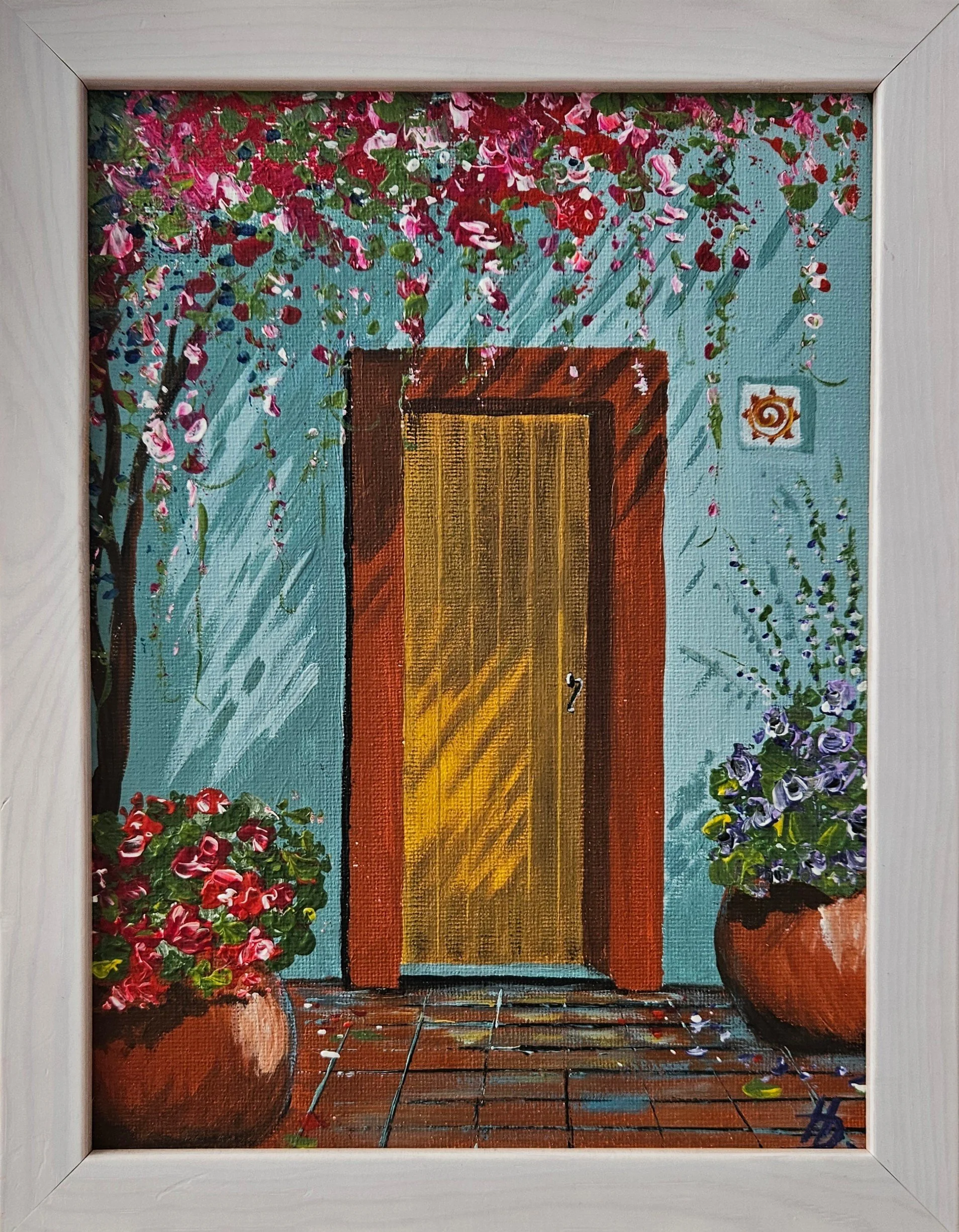 Dvere na priedomí niekde na juhu. Slnečný deň, tiene kvetov. Ručne maľovaný obraz na predaj. Zarámovaný.