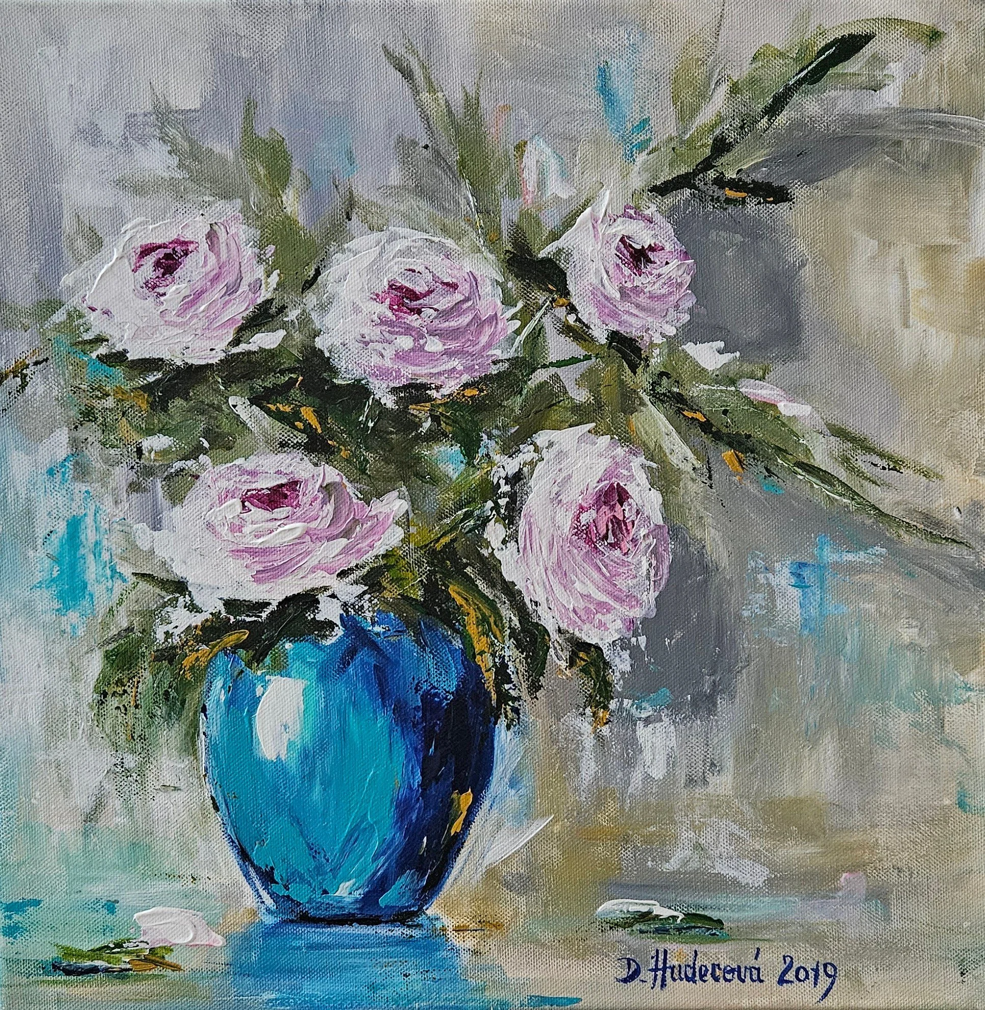 Obraz "Biele ruže v tyrkysovej váze" - 40x40cm