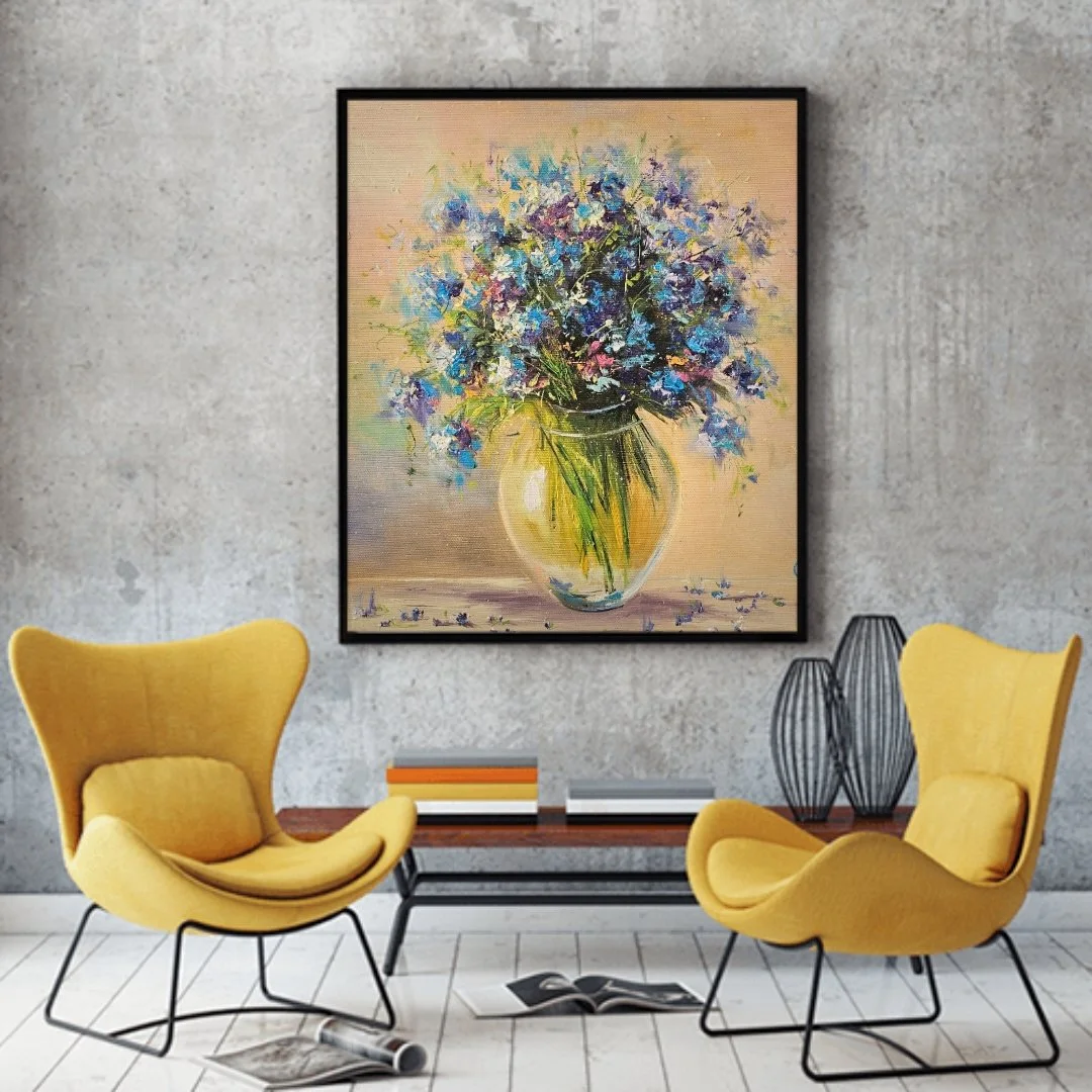 Nezábudky vo váze. Zátišie s lúčnymi kvetmi. Ručne maľovaný obraz na predaj. Forget-me-nots.